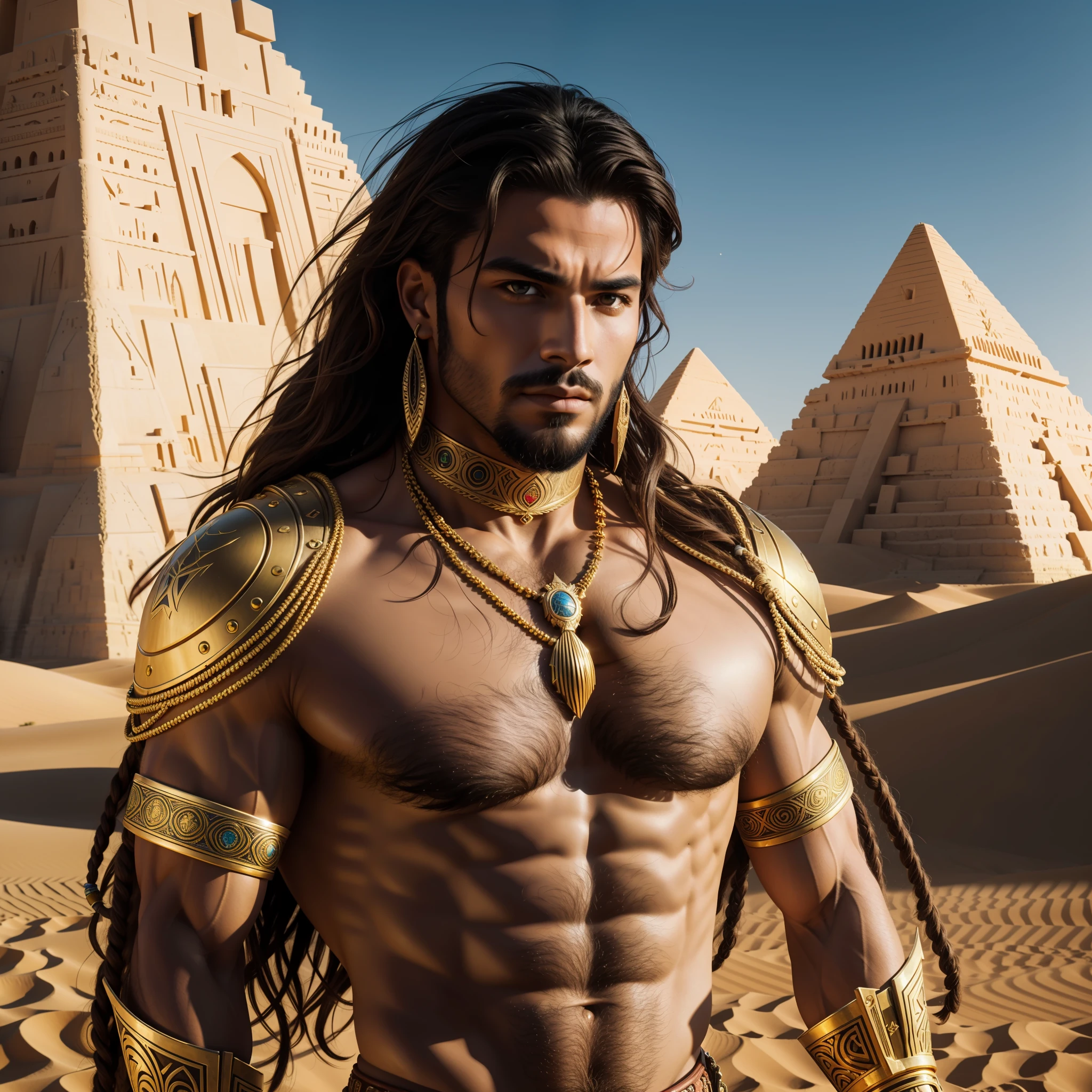 king_scifi, fking_scifi_v2, portrait of a young, muscular very handsome and attractive Arabic warrior man, in front of an sand desert, long messy hair, hairy body, rich colorful and golden jewelry, close up, regal pose and attitude. fking_cinema_v2,Eye catching photo, Pyramids background Masterpiece picture,nikon d850 film stock photograph 4 kodak portra 400 camera f1.6 lens rich colors hyper realistic lifelike texture dramatic lighting unreal engine trending on artstation cinestill 800,8k,Medium shot,cinematic,cinematic shot