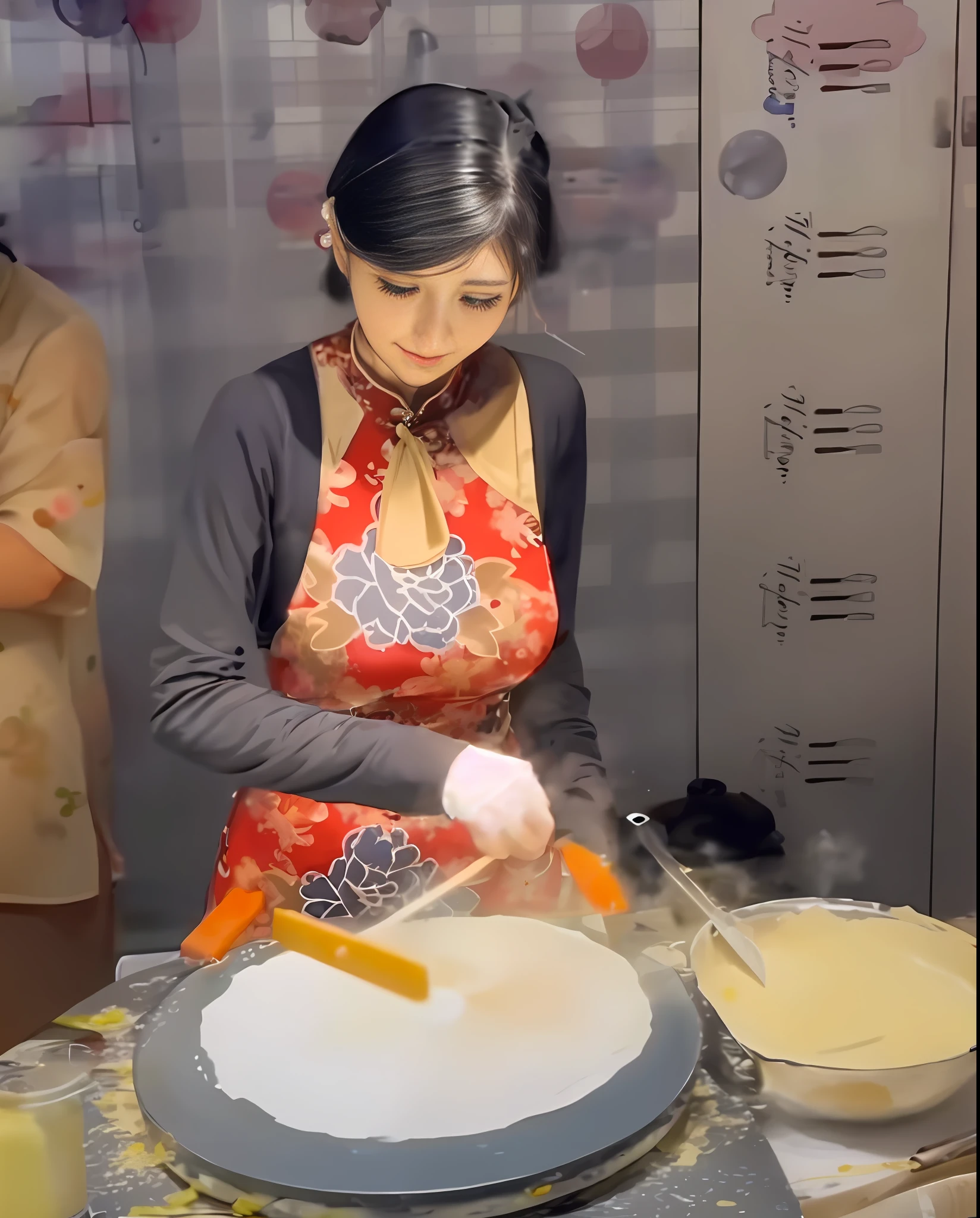 Woman in red apron cooking food in kitchen, cooking show, YouTube video screenshot, cooking, dress up as pastry chef, Chinese woman, Chinese cheongsam and cooking, homemade pancakes, inspired by Li Meishu, Chinese maid, very tasty, wearing an apron, inspired by Cheng Shifa, movie screenshot, Chinese artist,