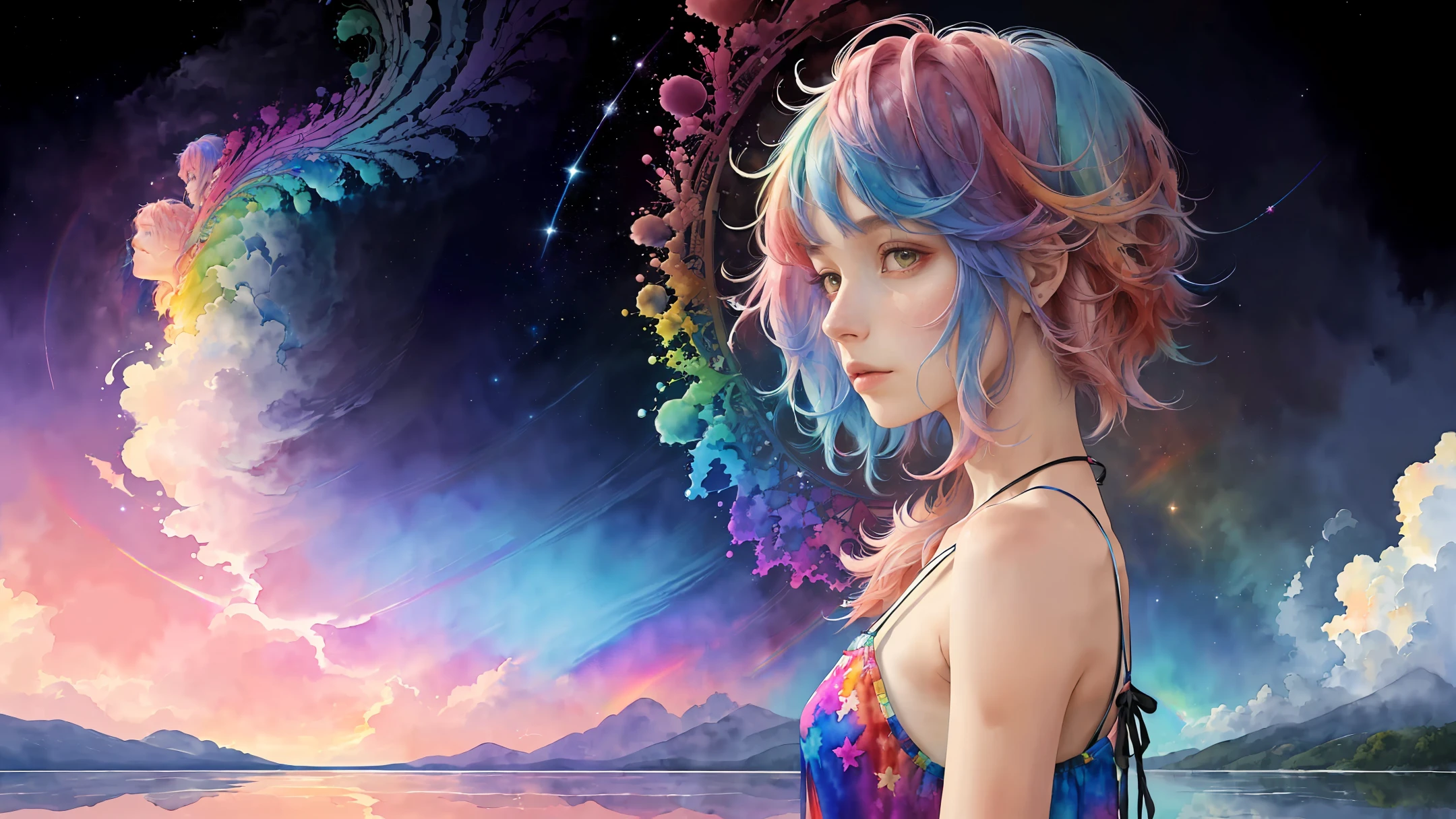 (masterpiece, top quality, best quality,watercolor (medium),official art, beautiful and aesthetic:1.2),(1girl:1.3), (fractal art:1.3),upper body, from side, looking at viewer,patterns,(rainbow color Hair,colorful hair,half blue and half pink hair:1.2),water,liquid, cloud,colorful, starry,stars,