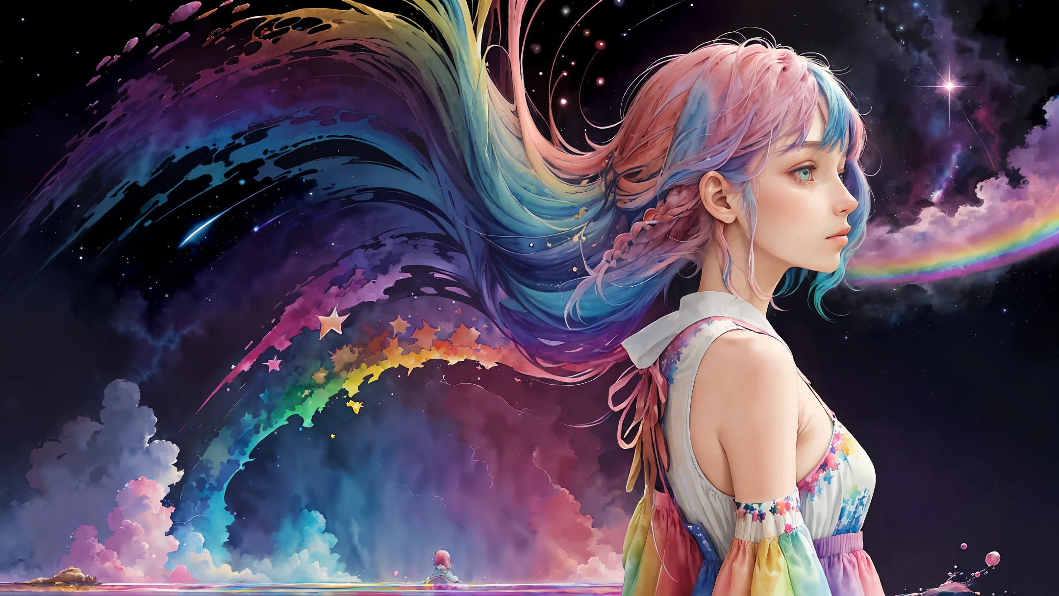 (masterpiece, top quality, best quality,watercolor (medium),official art, beautiful and aesthetic:1.2),(1girl:1.3), (fractal art:1.3),upper body, from side, looking at viewer,patterns,(rainbow color Hair,colorful hair,half blue and half pink hair:1.2),water,liquid, cloud,colorful, starry,stars,
