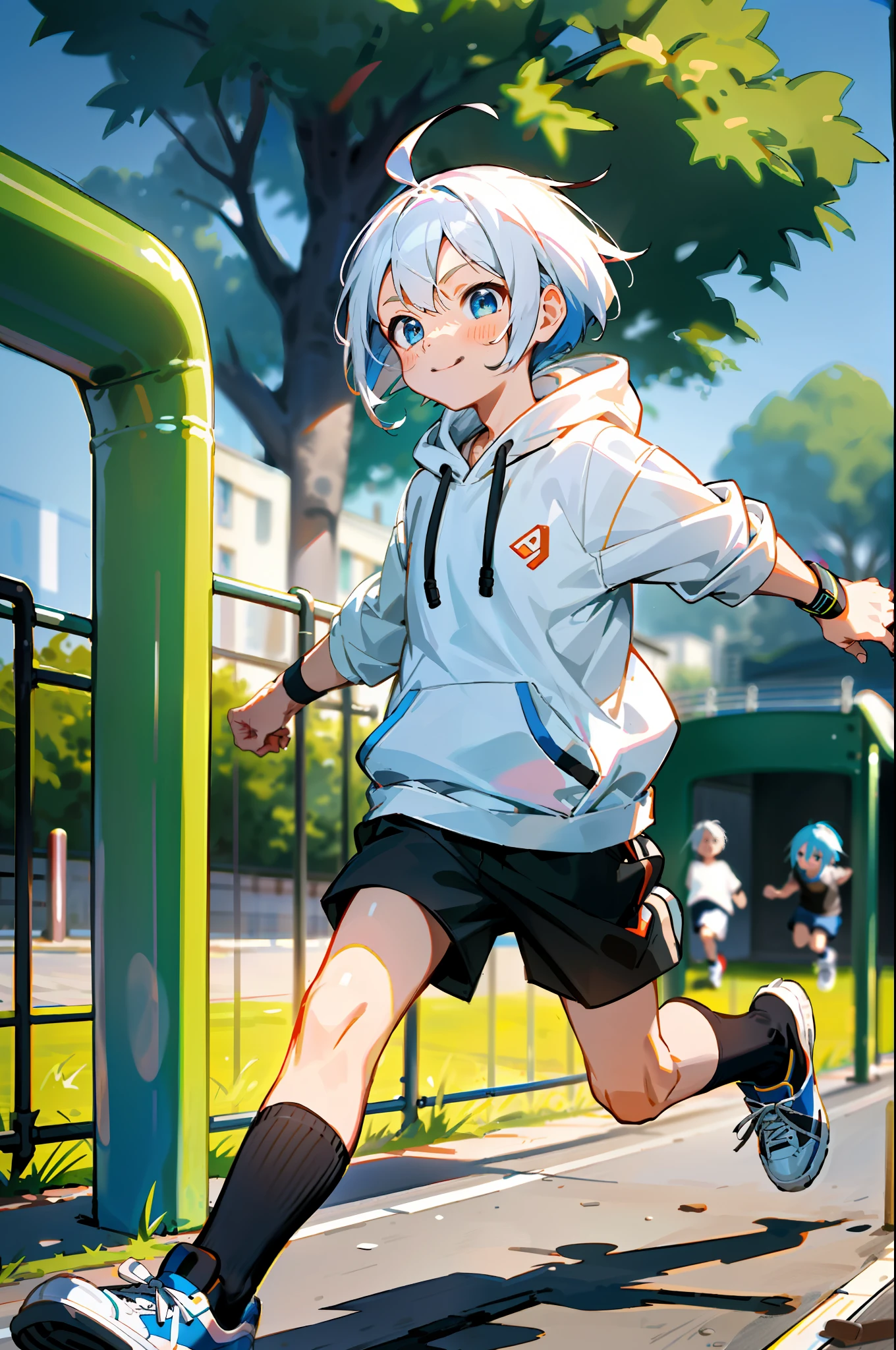HD picture, children's youthful style, animated face appearance, strong and vibrant blue eyes, playground background with other children in background, white Bob hairstyle 1boy, wearing slim white hoodie and black knee socks, shorts, happy micro back, black shoes, depth of field, running sprint, hands in clothes pockets.