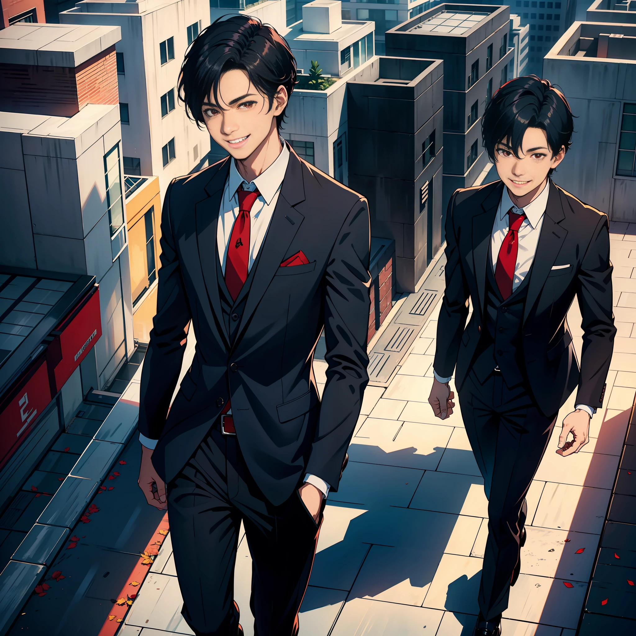 A man in his 20s wearing a suit, walking towards the rooftop, with a smile on his mouth (toothy smile), short black hair, red eyes, sunshine, 8k, high quality, high resolution