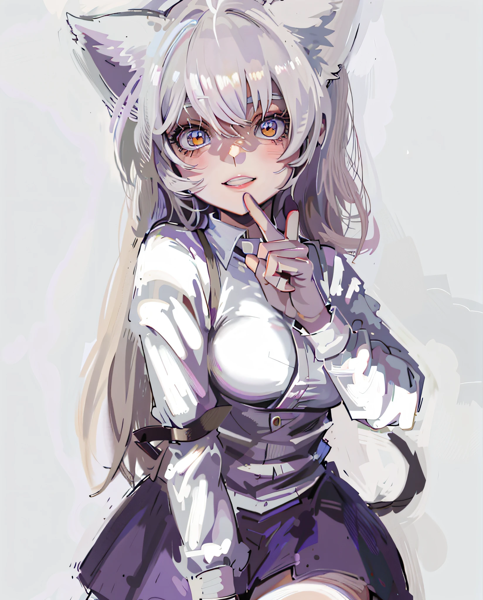 Anime girl with white hair and sitting cat ears, white cat girl, cute anime catgirl, anime catgirl, nyaruko-san, neferpitou, white-haired fox, catgirl, anime moe artstyle, beautiful anime catgirl, danganronpa digital art, anime girl with cat ears, in an anime style, index finger, coquettish smile,  White foxtail