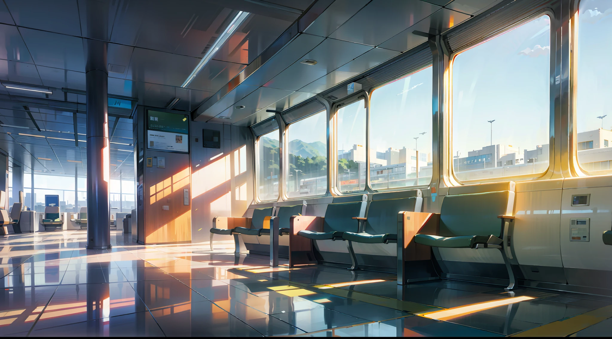 Airplane Waiting Area, Modern, sleek, polished floors, comfortable, Large windows, Departure boards, morning light, Wallpaper, highly detailed, anime landscape
