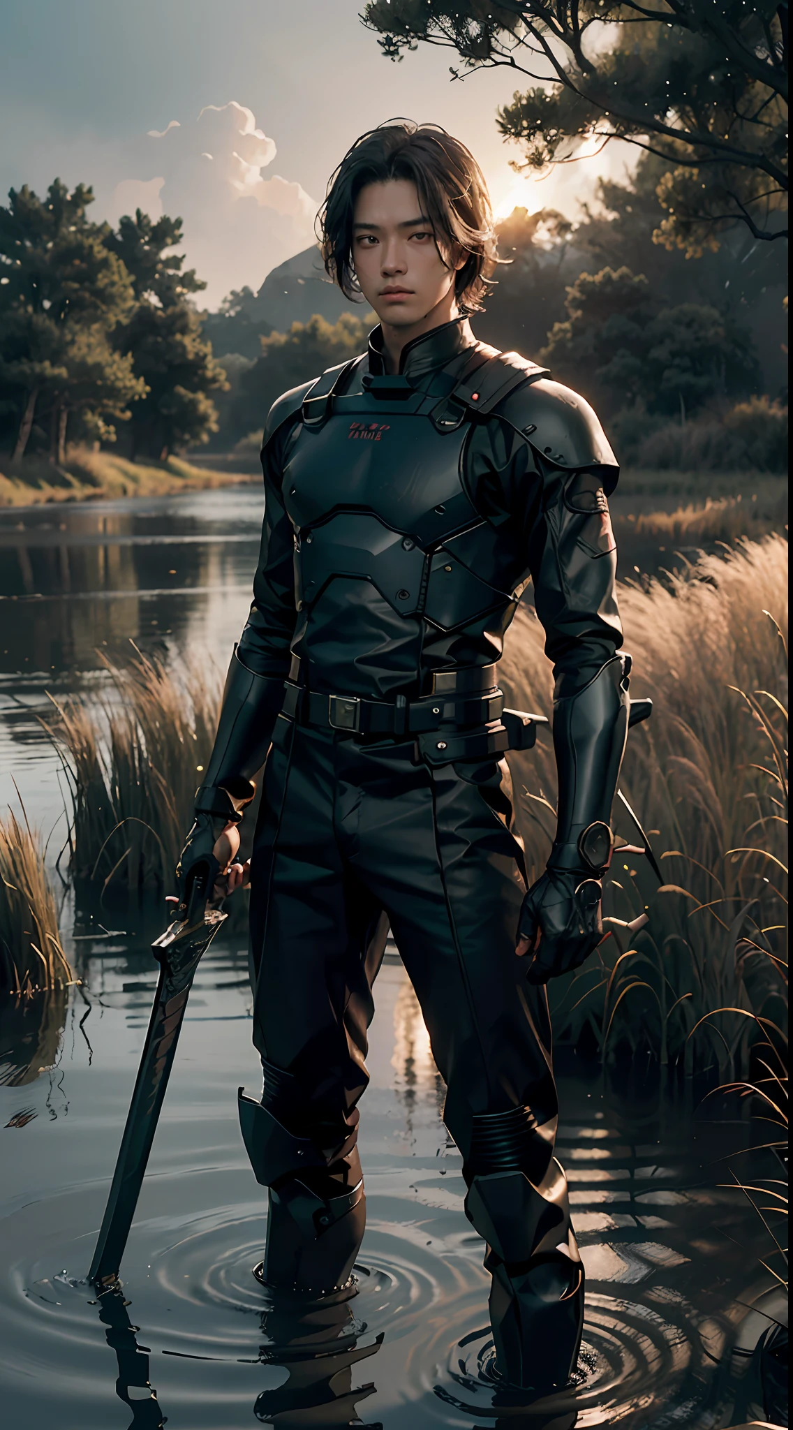 Sci-fi martial arts movies: highest image quality, outstanding detail, ultra-high resolution, (Realisticity: 1.4), golden ratio diagonal composition, best illustration, favor details, highly condensed 1 man, 18 years old, with a delicate and handsome Chinese man face, sad expression, indifferent, dressed in black mecha, short black hair, holding a black pistol in his left hand, holding a black mecha sword in his right hand, standing with legs in muddy water that does not reach his knees, (burning reeds in the background), dusk, backlight, lighting from a film shot by director Villeneuve, dirty whole body, blood stained face, 16:9 banner picture ratio
