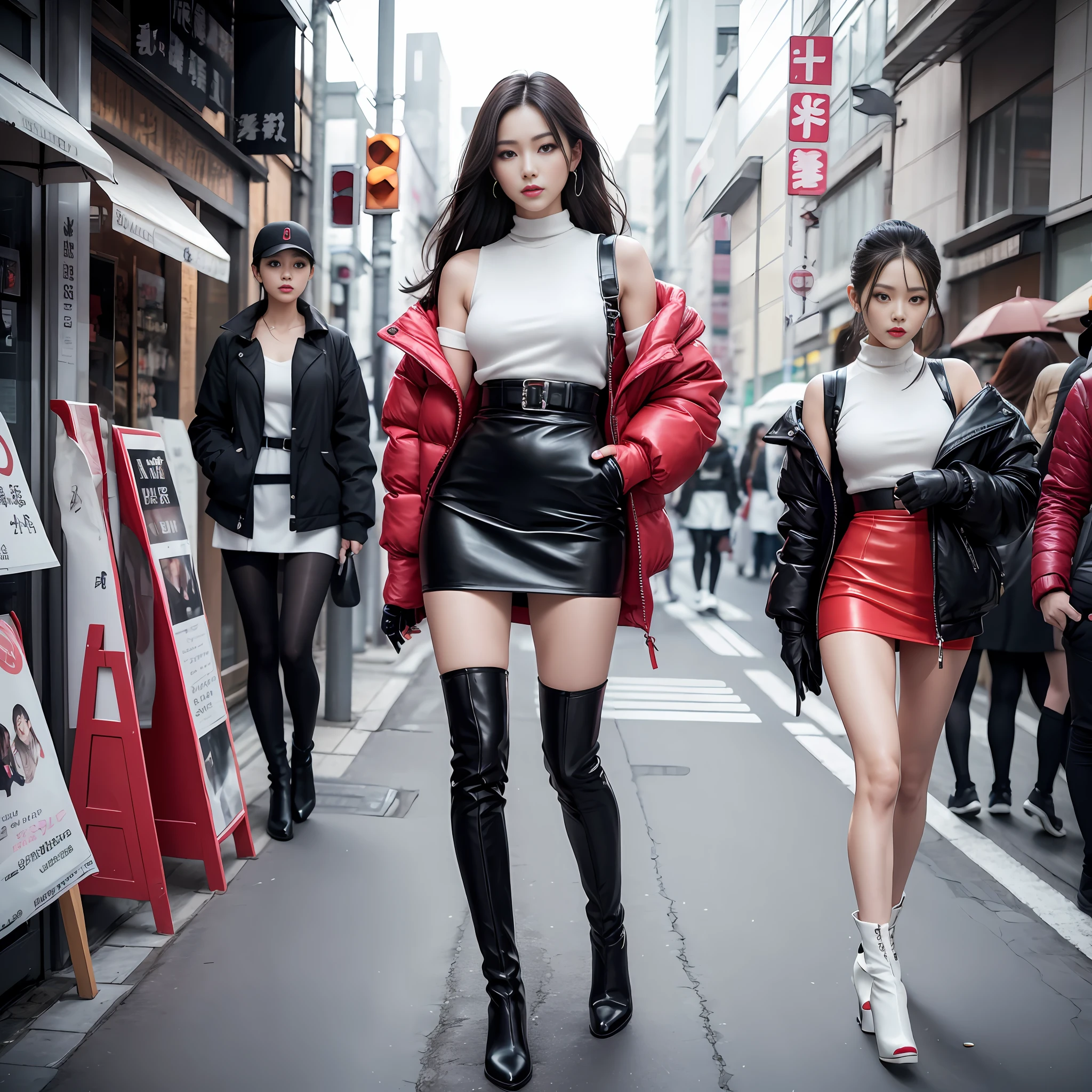 A woman in a white top and black boots standing on the street, Chinese female fashion model, white fluffy clothes, short skirt and long jacket, Japanese city street fashion, black pink Rosan Park, she wears streetwear, Japanese street fashion, Tokyo fashion, street dress woman in jacket and skirt, street fashion, Harajuku street fashion, beautiful woman walking in the wind, black gloves, over-the-knee red boots, tall, long legs, perfect body proportions, thin waist, black suspender stockings, tall, Slender body, nine-headed body, big eyes, beautiful and exquisite face, perfect body details, perfect body proportions, perfect visual proportions, fashion shooting, glamorous, feminine, delicate, highlighting female curves, subtext: sexy, confident. Chinese woman --auto --s2