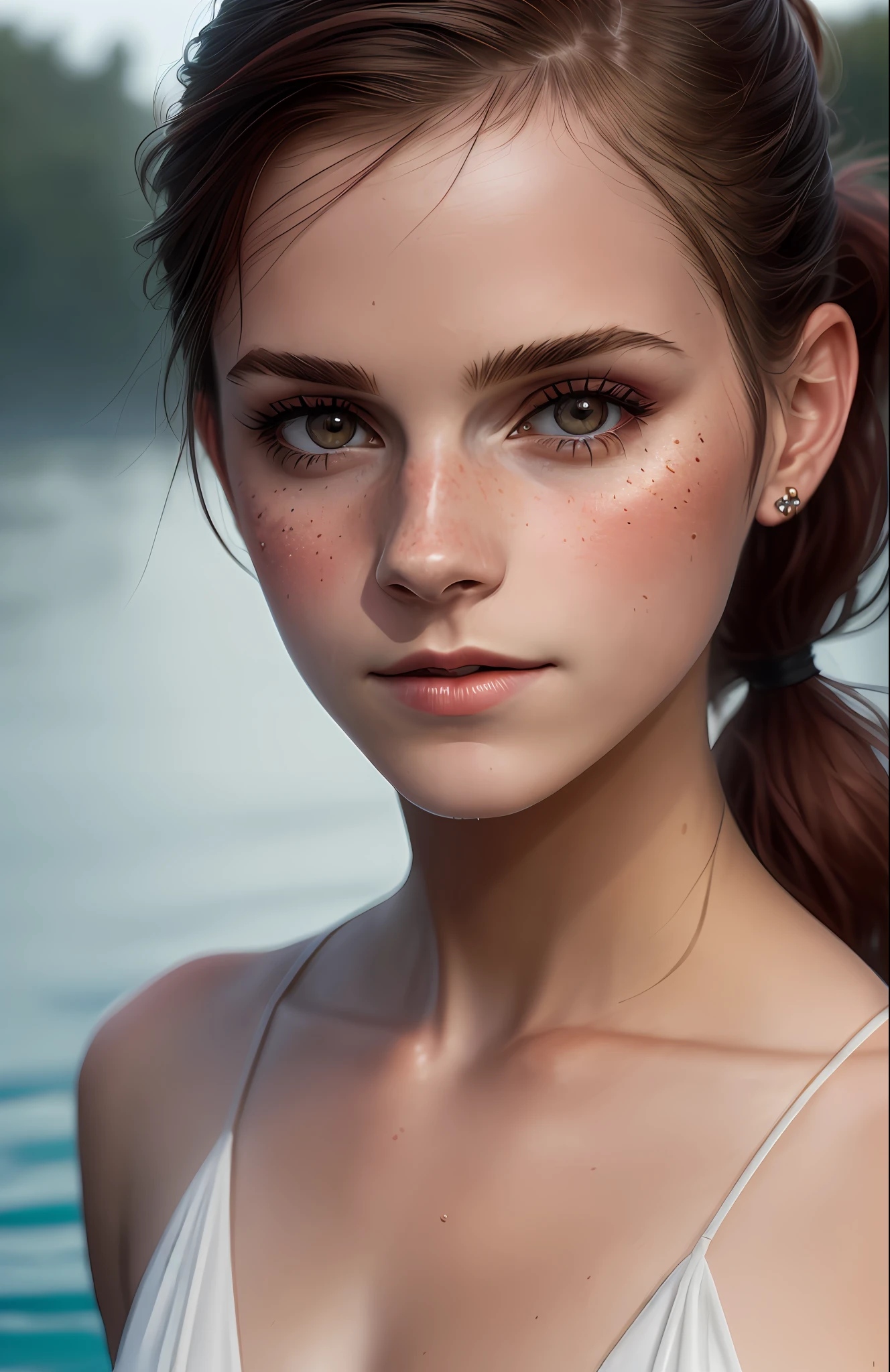 (dark shot:1.1), epic realistic, RAW, analog, a red ponytail European girl (Emma Watson), heavy makeup, youthful, red swimsuit, red lipstick, swimming pool, clear water, wet hair, natural makeup, plain makeup, pureerosface_v1, masterpiece that captures the essence of woman's beauty and water, ((highly detailed skin, skin details, water details)), sharp focus, volumetric fog, 8k UHD, DSLR, High quality, film grain, Fujifilm XT3, greg rutkowski and artgerm art, soft film light, adobe lightroom, photolab, HDR, intricate, very detailed, (depth of field: 1.4), faded, (neutral color: 1.2), (HDR: 1.4), (soft color: 1.2), ultra-detailed, (artstation: 1.4), film, warm lighting, dramatic lighting, (intricate details:1.1), complex backgrounds, (rutkowski:0.66), (teal and orange:0.4), (natural skin texture, hyperrealism, soft light, sharp)
