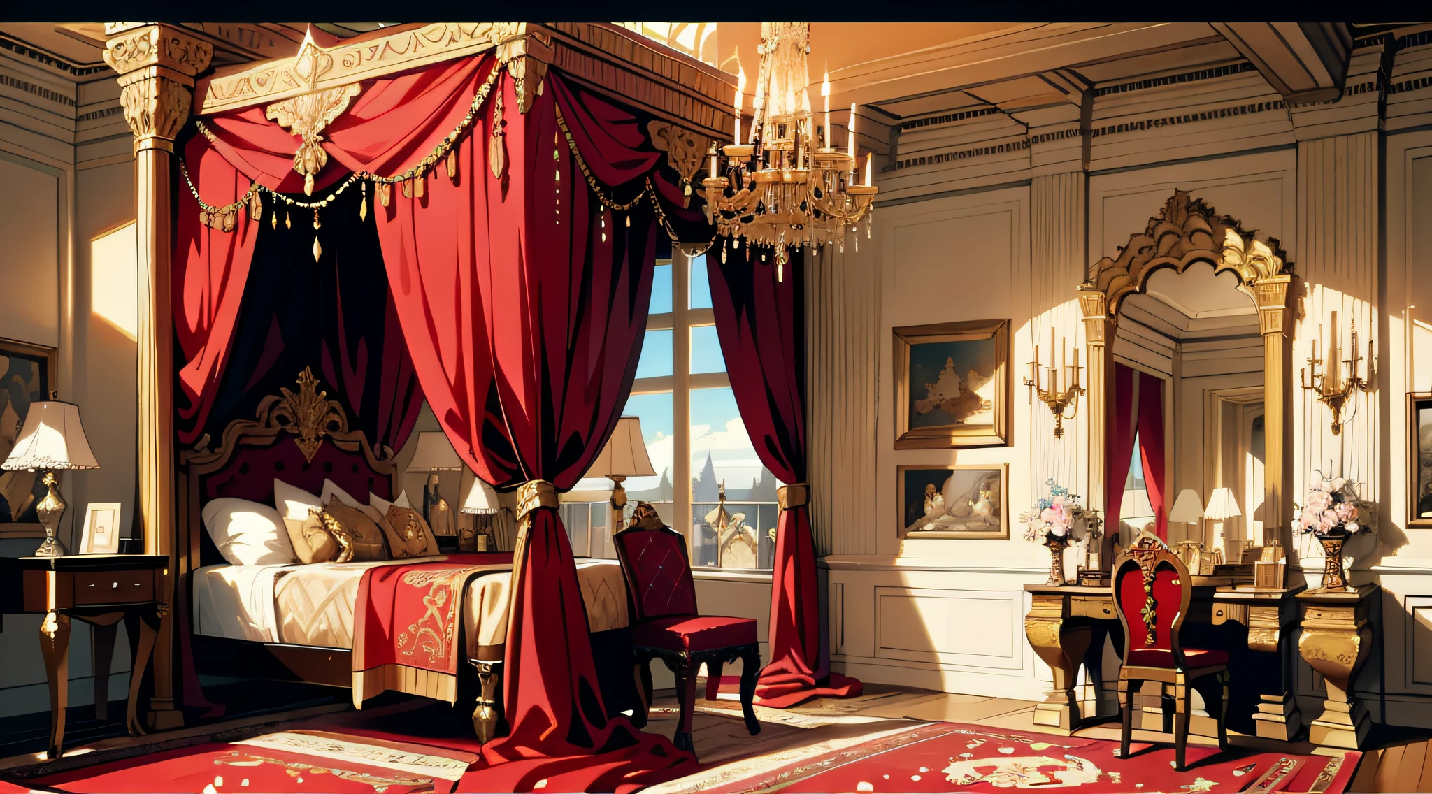 Royal Bedroom, Opulent, luxurious, spaceous, grand four-poster bed, intricate carvings, luxurious drapes, Exquisite tapestries, Rich, red velvet curtains, tall windows, Gilded furniture, golden accents, warm lighting, ornate chandeliers, candelabras, Plush carpets, silk rugs, vanity table, jewelry, golden-framed mirror, intricate ceiling frescoes, celestial motifs, early morning light, Wallpaper, highly detailed, anime landscape