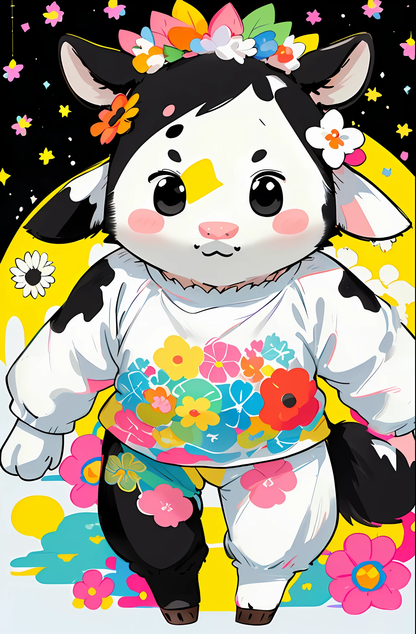((A cow)) ((black and white colors)), ((cute and kawaii)), pop art, vibrant sunflowers, background of an adorable city, ((Sanrio style)), playful expressions, bright stars in the background. ((HD)) ((4K)) ((artwork)) ((symmetrical)) ((adorable colors)) ((painted by Studio Ghibli)) ((dressed as Peruvian))
