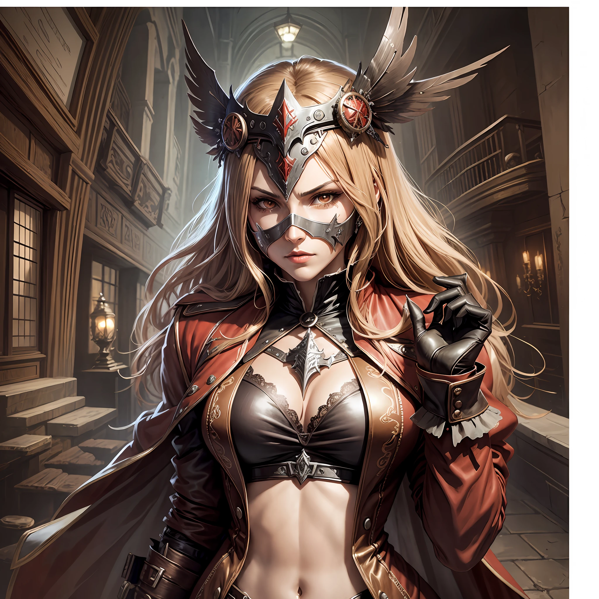 Castlevania Aria of Sorrow cover in steampunk clothing and wearing a metal mask similar to indigenous masks. --auto --s2