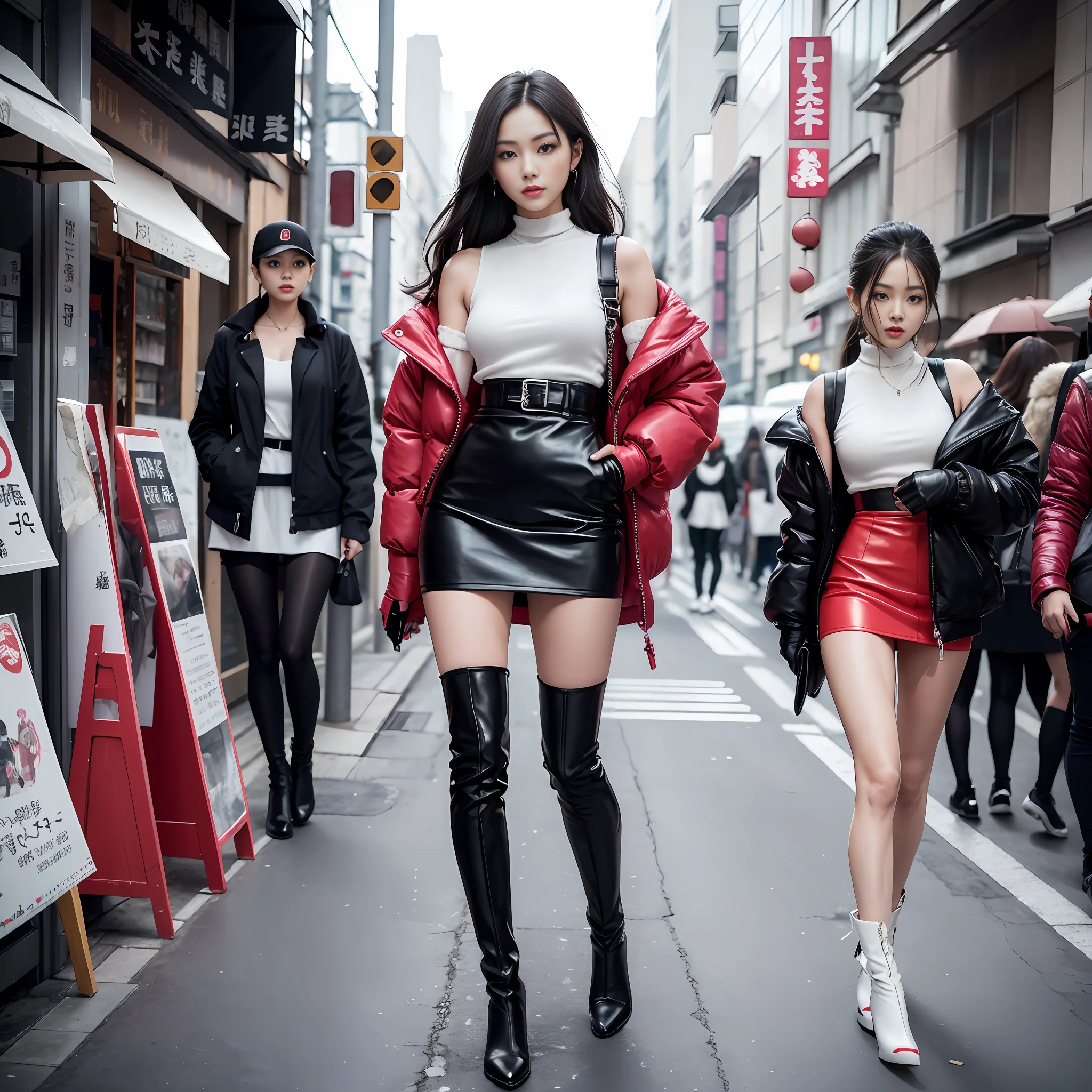 A woman in a white top and black boots standing on the street, Chinese female fashion model, white fluffy clothes, short skirt and long jacket, Japanese city street fashion, black pink Rosan Park, she wears streetwear, Japanese street fashion, Tokyo fashion, street dress woman in jacket and skirt, street fashion, Harajuku street fashion, beautiful woman walking in the wind, black gloves, over-the-knee red boots, tall, long legs, perfect body proportions, thin waist, black suspender stockings, tall, Slender body, nine-headed body, big eyes, beautiful and exquisite face, perfect body details, perfect body proportions, perfect visual proportions, fashion shooting, glamorous, feminine, delicate, highlighting female curves, subtext: sexy, confident. Chinese woman --auto --s2