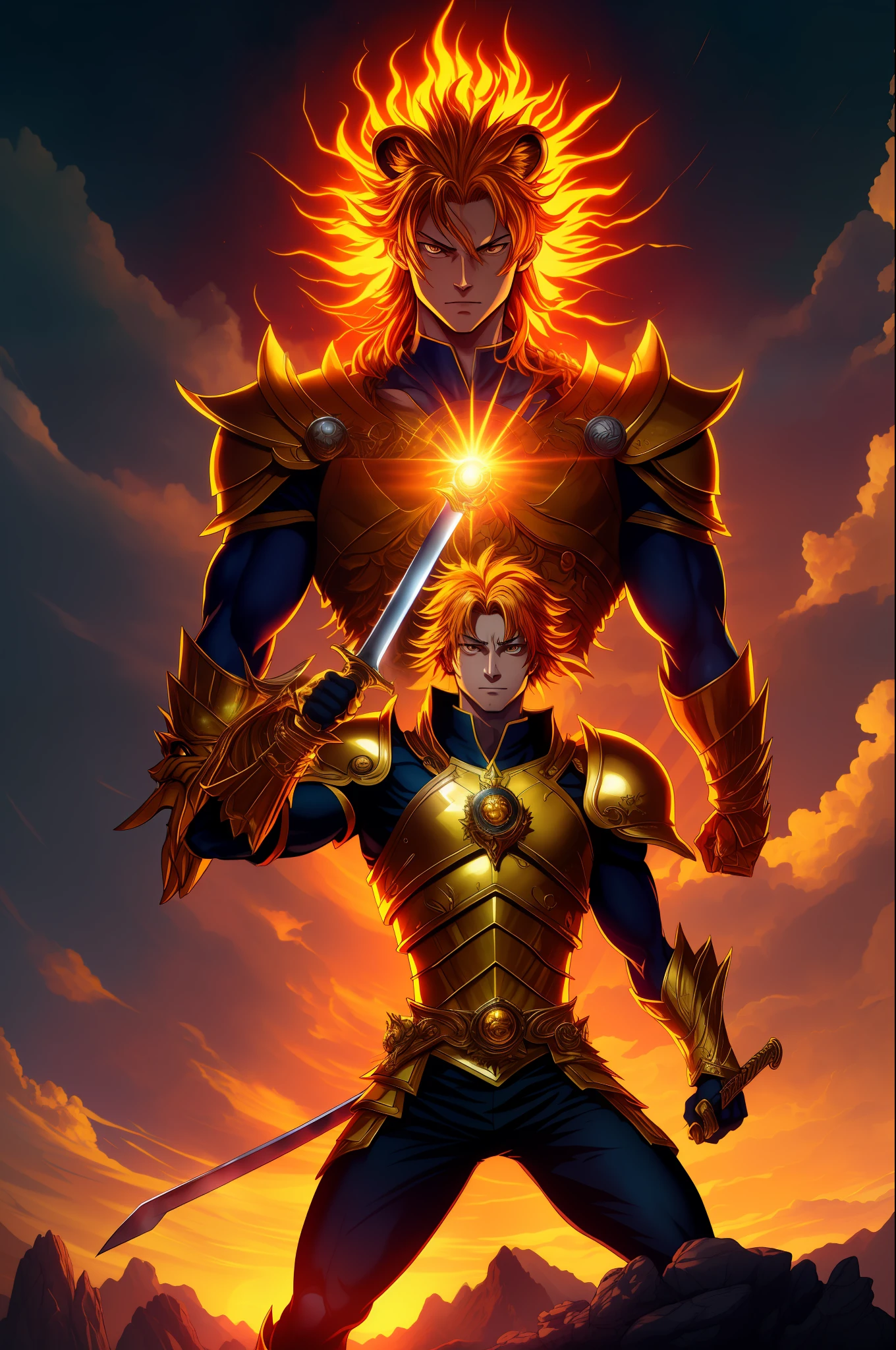 (masterpiece, best quality, ultra-detailed CG, dynamic pose, dynamic angle),Nanatsu no Taizai, Escanor, (1 man), perfect, muscular build, shining skin, (flaming sun+ golden armor+ sacred treasure+ lion face), (volumetric light+vibrant color grading), (fantasy world+ epic scenery: 1.3), (glowing sunset+ burning sky), (sword in right hand, holding helmet in left hand, inspiring gesture), high resolution.