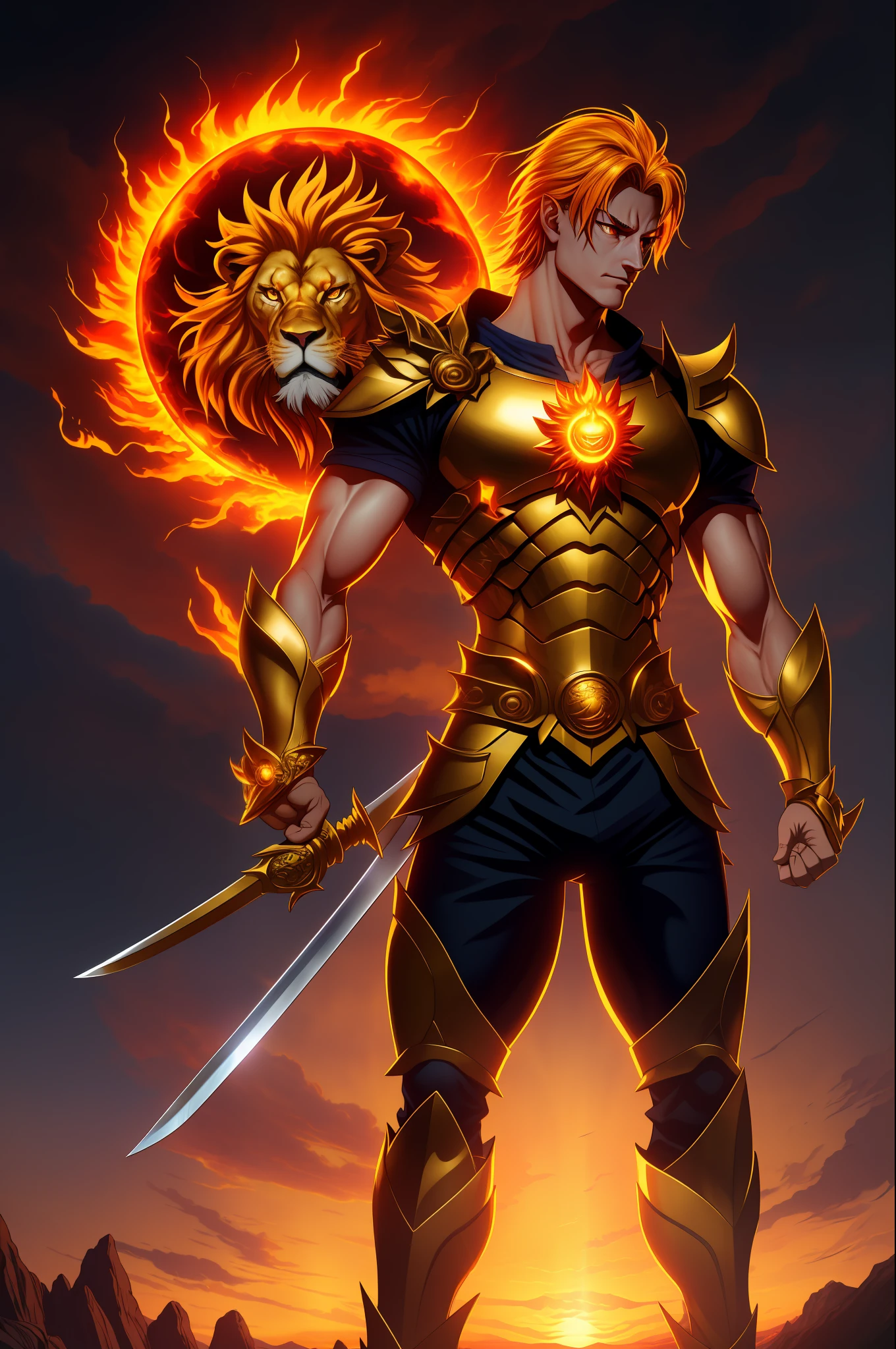 (masterpiece, best quality, ultra-detailed CG, dynamic pose, dynamic angle),Nanatsu no Taizai, Escanor, (1 man), perfect, muscular build, shining skin, (flaming sun+ golden armor+ sacred treasure+ lion face), (volumetric light+vibrant color grading), (fantasy world+ epic scenery: 1.3), (glowing sunset+ burning sky), (sword in right hand, holding helmet in left hand, inspiring gesture), high resolution.