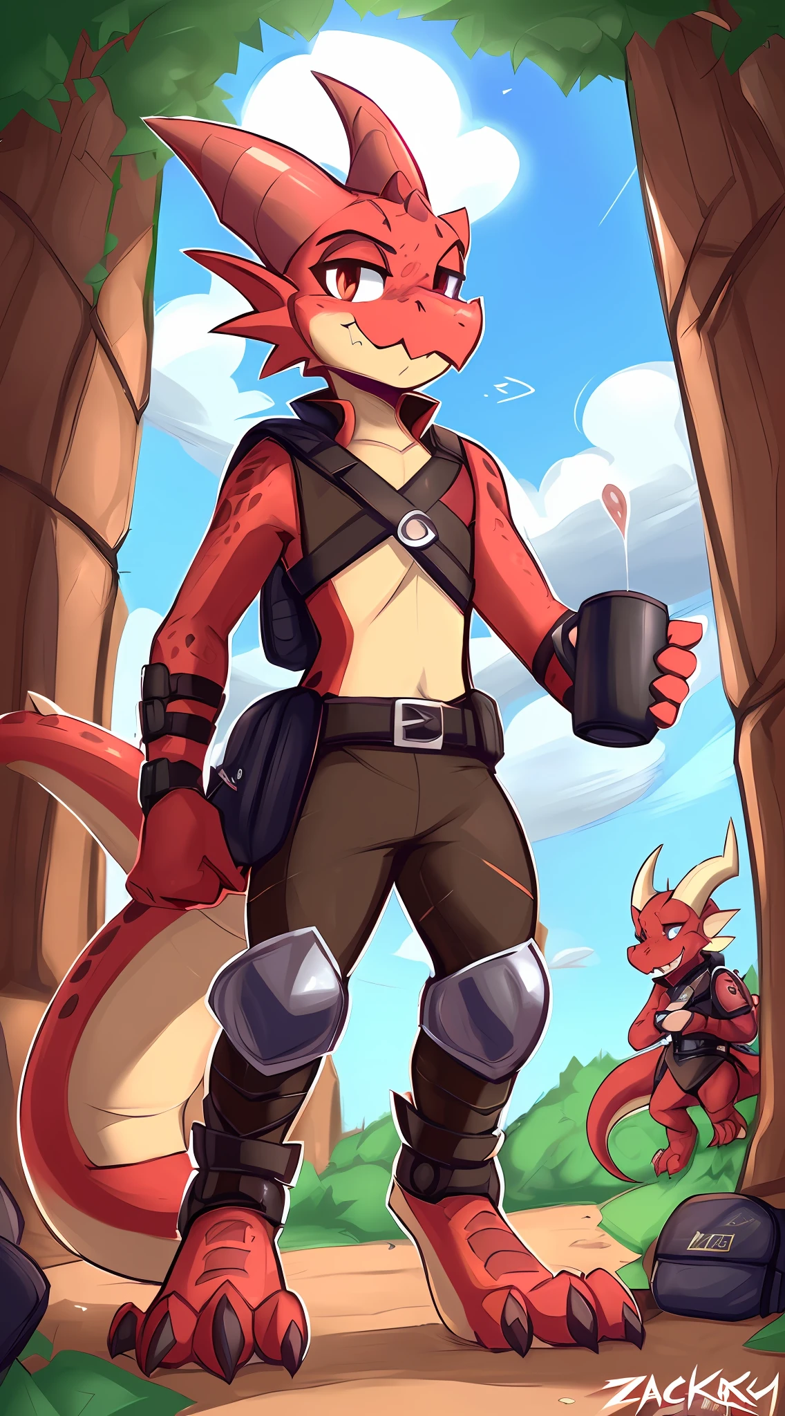 ((( by Zackary911, by Kilinah))), solo male (((Kobold)), (detailed kobold)) wearing leather armor, muscular toned, squirrel ears, kobold tail, messy hair, front view, looking at the observer with an embarrassed smile, blush, holding a cup of juice, perspective, finely detailed paws, adventure backpack, knifes