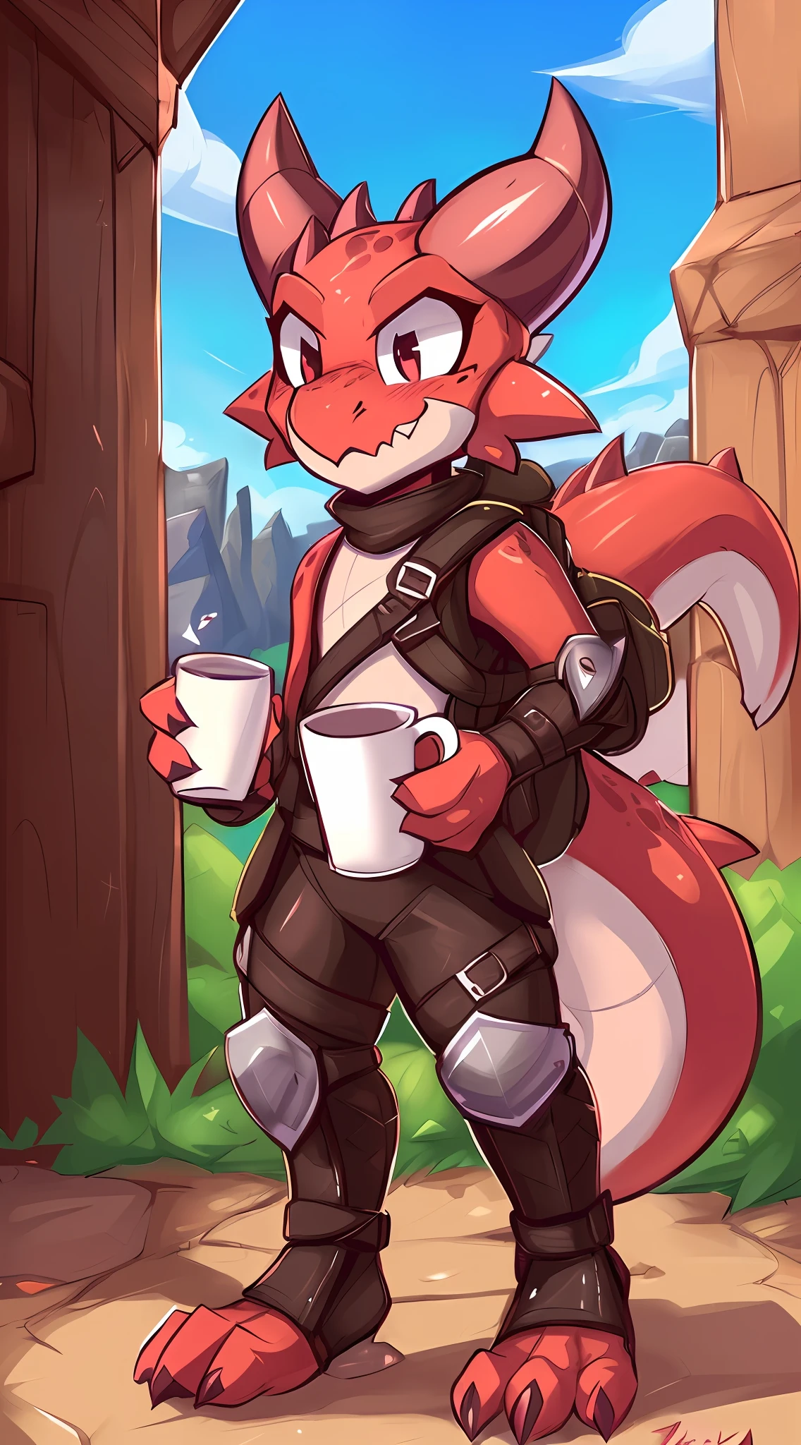 ((( by Zackary911, by Kilinah))), solo male (((Kobold)), (detailed kobold)) wearing leather armor, muscular toned, squirrel ears, kobold tail, messy hair, front view, looking at the observer with an embarrassed smile, blush, holding a cup of juice, perspective, finely detailed paws, adventure backpack, knifes