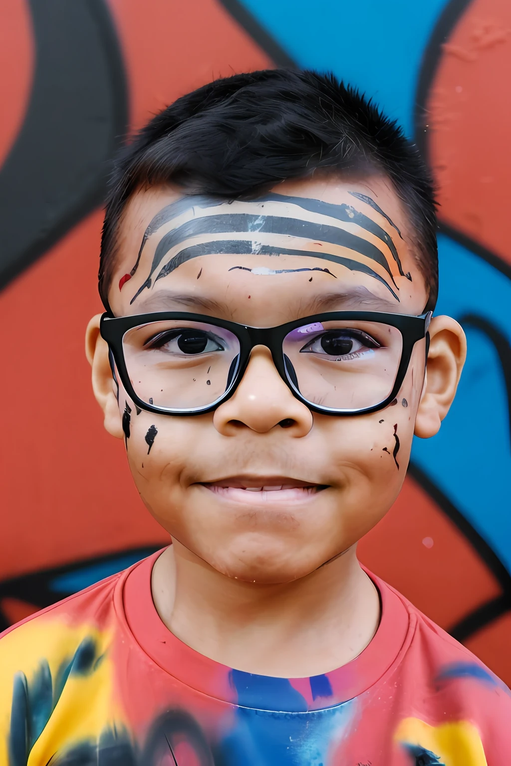 guttonerdvision5, close portrait of a 3-year-old boy wearing glasses, wearing Australian clothes and Māori face paint, skin details, face details, dark brown eyes, graffiti scenery made with colored paint spray, long depth of field