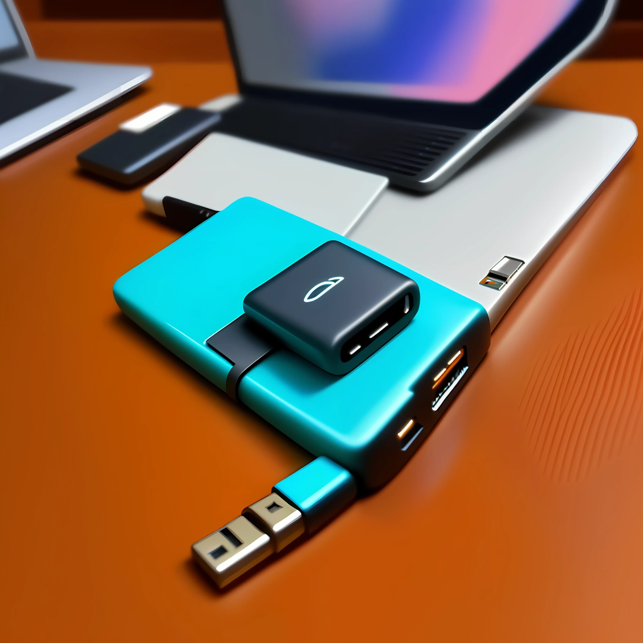 A USB stick on the table, give this USB stick a close-up, the overall bright style.