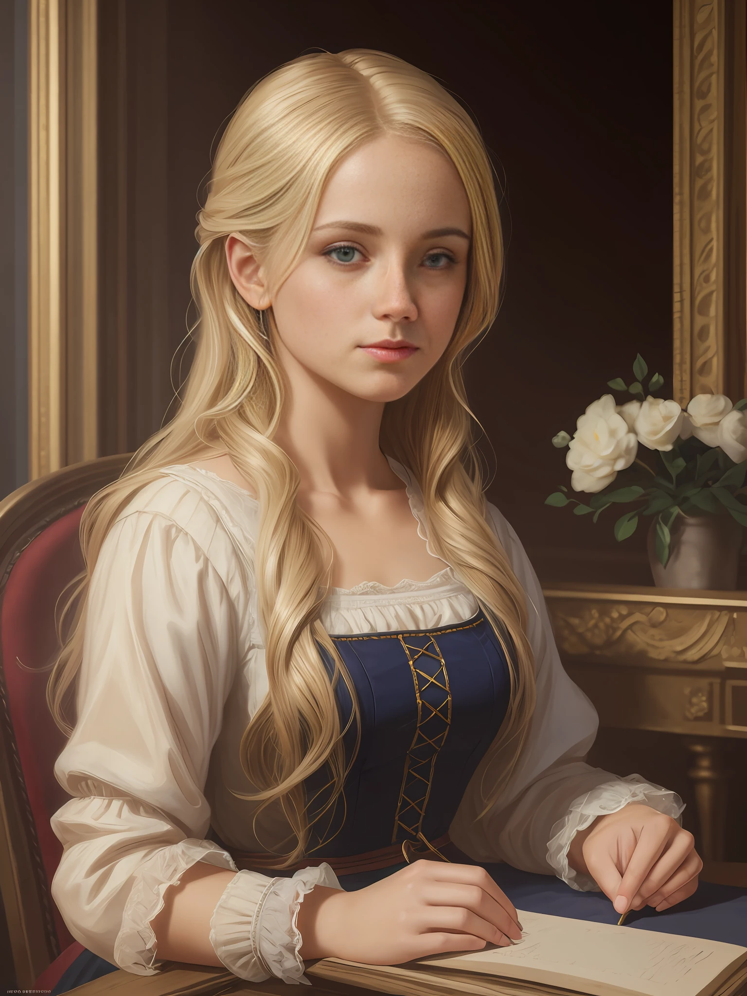 Oil painting, 19th century blonde girl, volumetric lighting, ultra realistic, Full HD, 8K --auto --s2