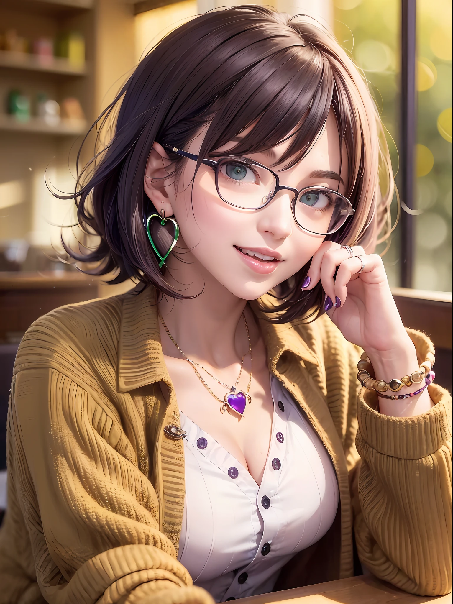 A jovial adult woman, smiling, cheerful, calm and peaceful expression, cute pose, glasses, very short and messy purple hair, emerald green eyes, clothes bigger than her, open plaid jacket full of zippers and assorted stickers and brooches, small breasts, white T-shirt, dark jeans, red lipstick, heart earrings made of emeralds, many rings on the hands, in a café,   (sepia:1.2), various lighting effects, warm weather