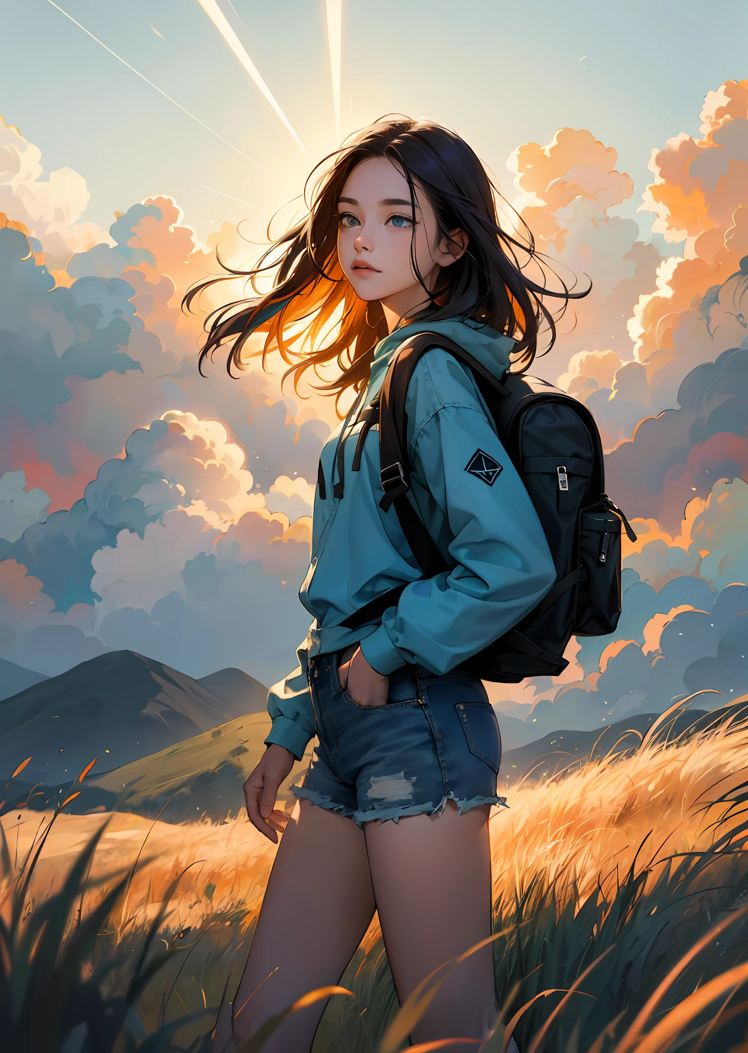 The vast sky, beautiful skyline, large grasslands, extremely tense and dramatic pictures, moving visual effects, the high-hanging Polaris, and colorful natural light. Long-sleeved top, denim shorts, and a girl with a backpack.