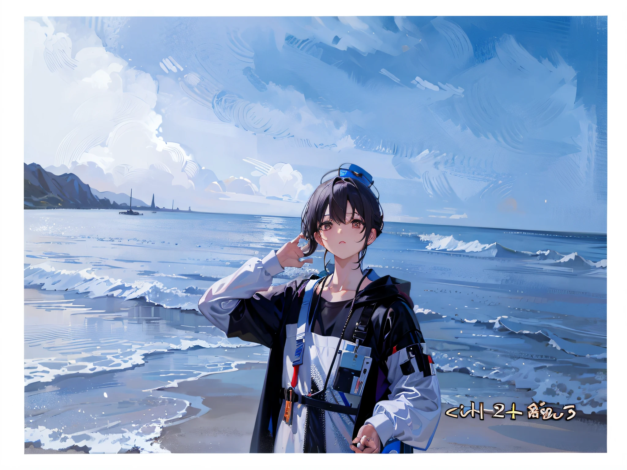 On the beach stands a man with his hands on his head, anime style mixed Fujifilm, fine, HD, hand fine, oil painting on background, five fingers
