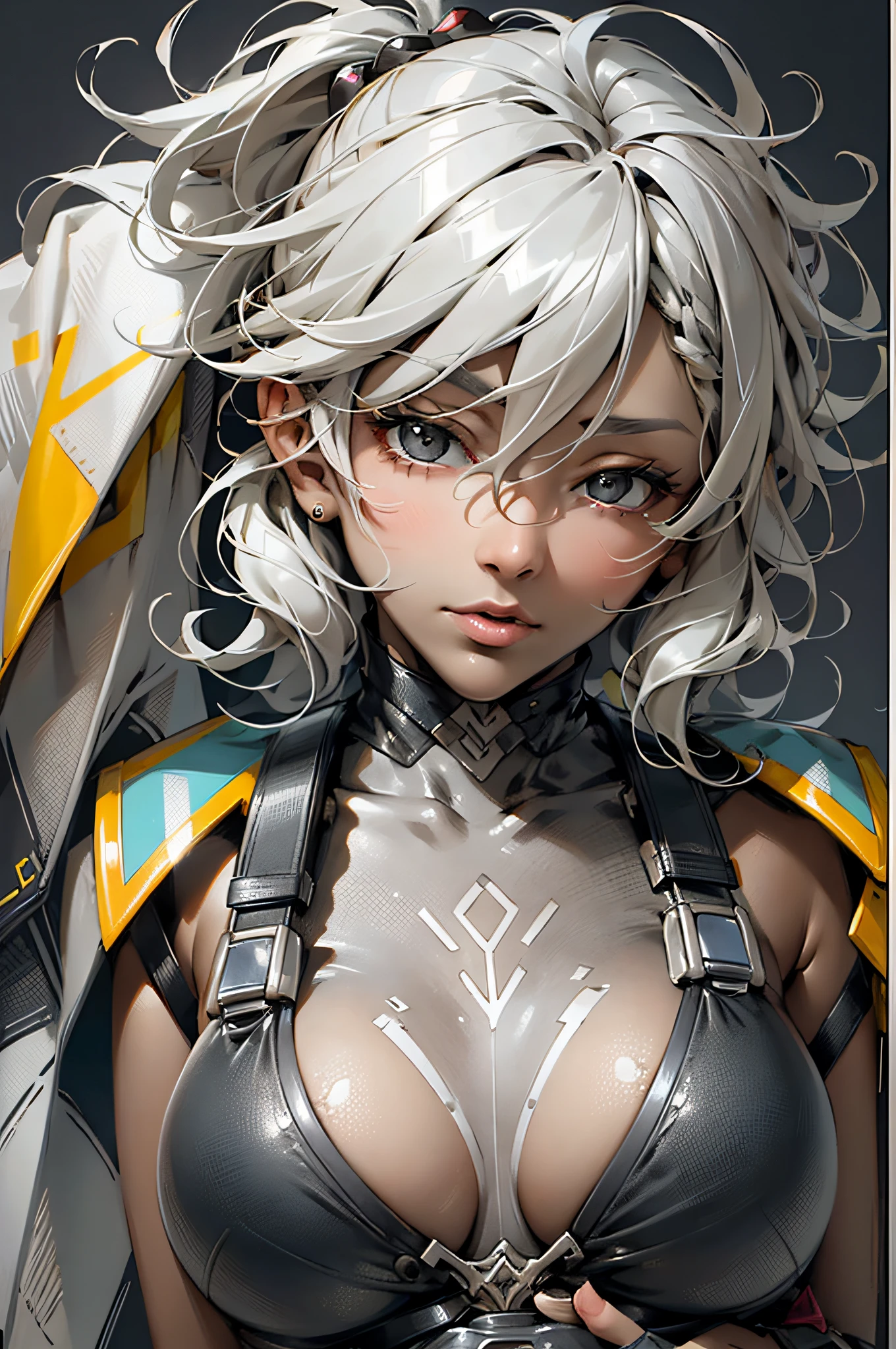 Masterpiece, super high quality, colorful color, a woman, dressed in a swimsuit, tired expression, gray hair, high contrast, shiny skin, moderate breasts, safe and harmless (SFW).