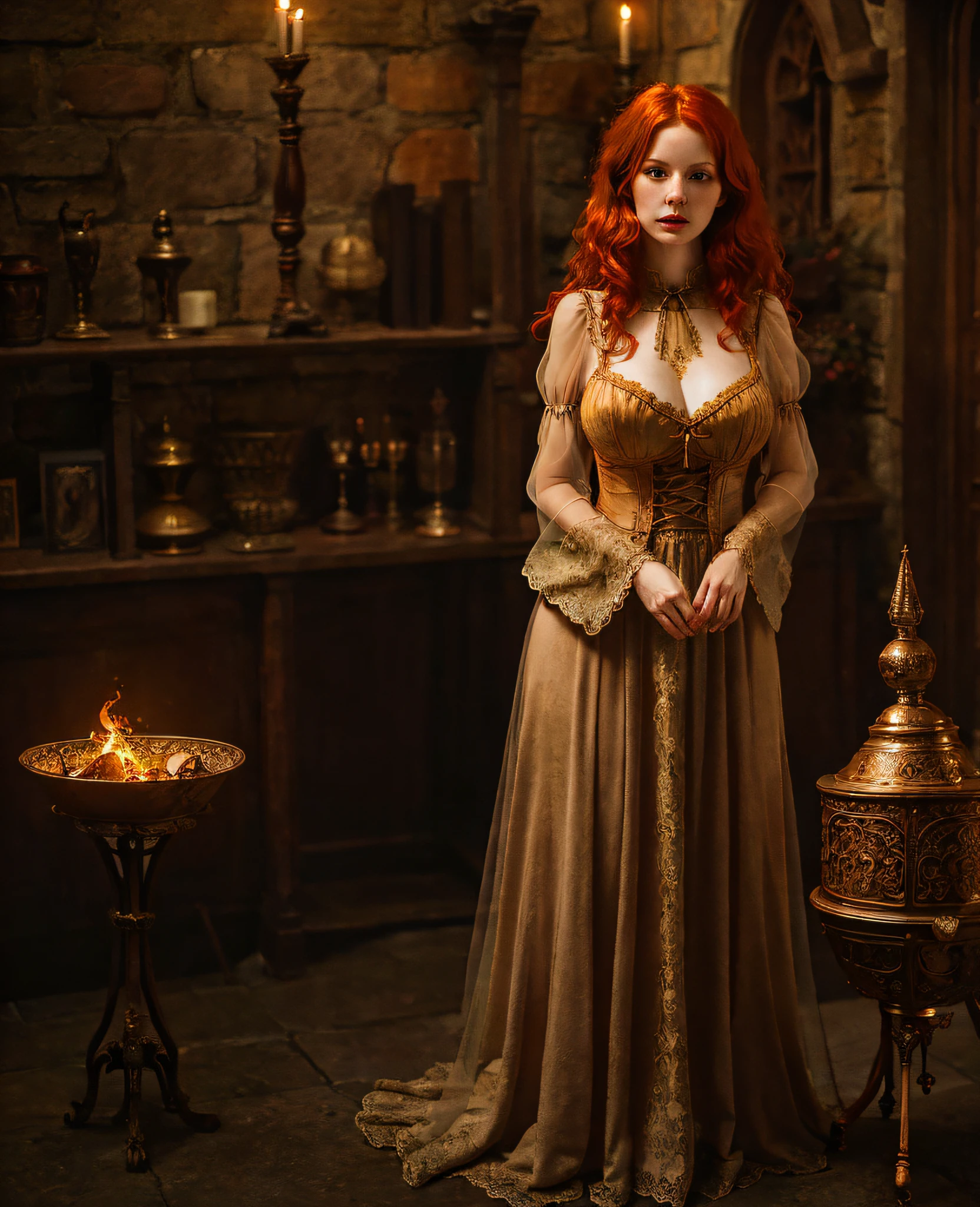 Artistic photograph of a redhead woman in female langerie, full breasts, slim waist, large transparent hip Lucilla Jiggly, (full body photo), extremely detailed, centered, [intricate witch cauldron in the background], high resolution, hyper detailed, insane details, soft lighting, film grain