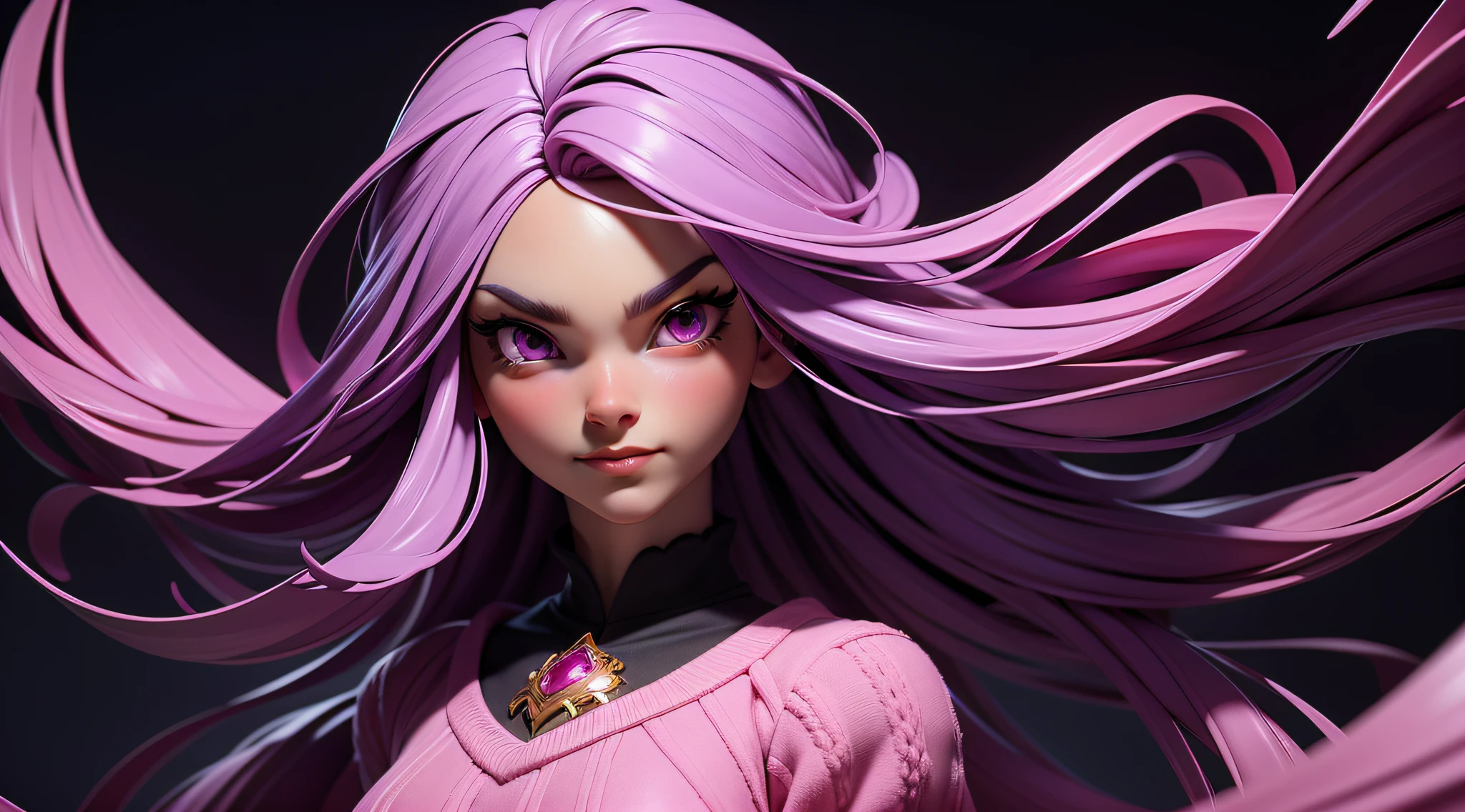 3dmm style,(masterpiece, top quality, best quality, official art, beautiful and aesthetic:1.2), (fractal art:1.3), 1girl, beautiful, high detailed, purple hair with a hint of pink, pink eyes, dark lighting, serious face, looking the sky, sky, medium shot, black sweater, jewelry