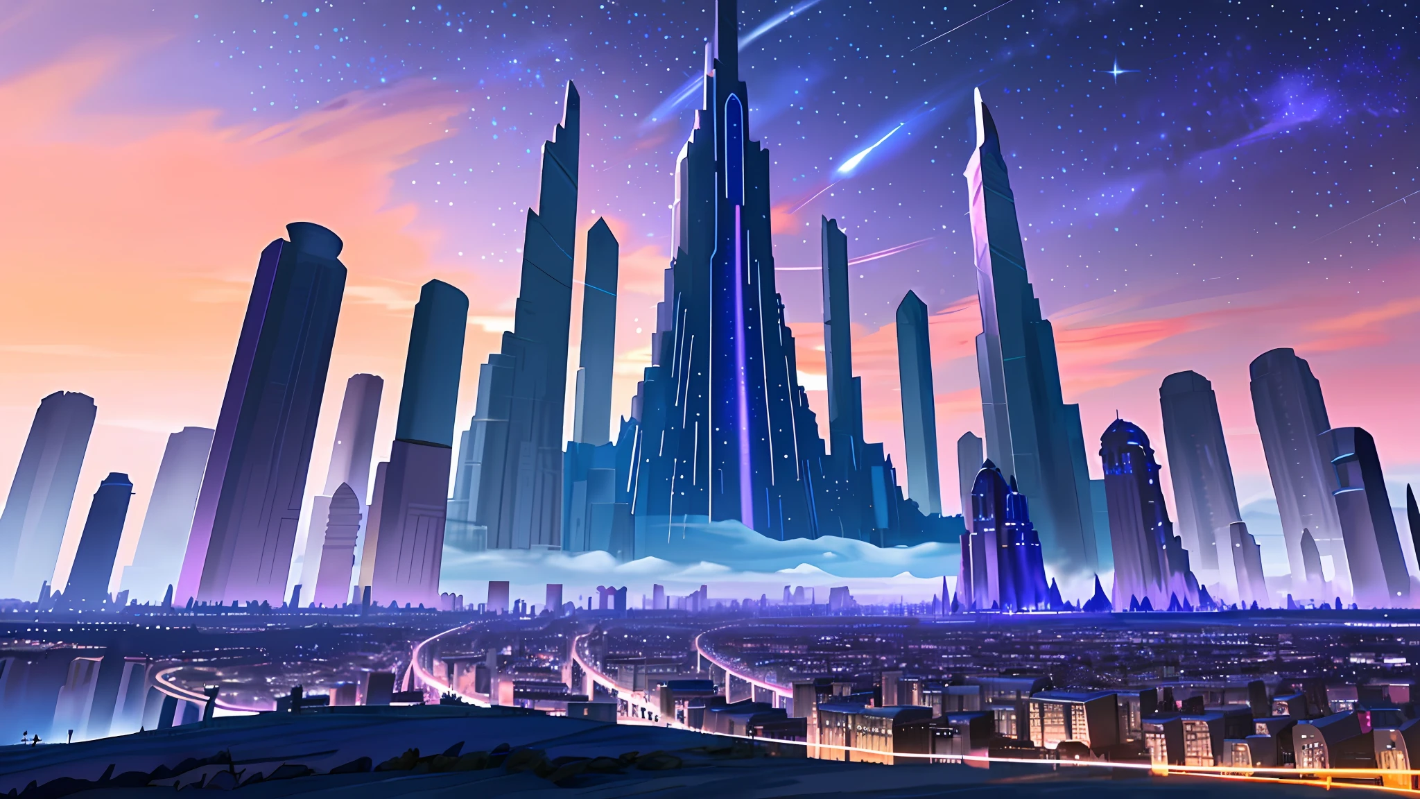 towers of god, blue towers, violet, blue, red, god, red sky, violet sky, starry sky, stars, starry towers, starry god, light blue, civilization, order