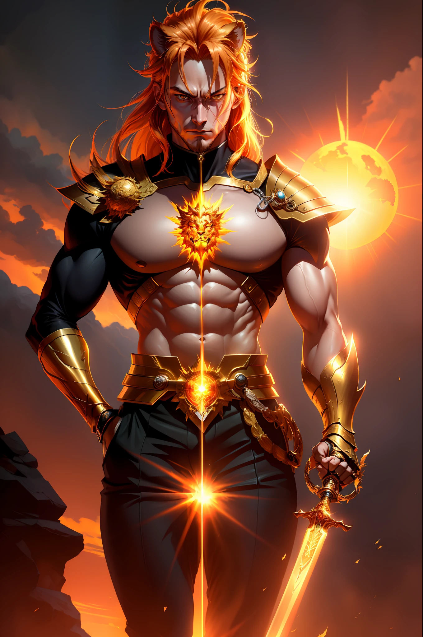 (masterpiece, best quality, ultra-detailed CG, dynamic pose, dynamic angle),Nanatsu no Taizai, Escanor, (1 man), perfect, muscular build, shining skin, (flaming sun+ golden armor+ sacred treasure+ lion face), (volumetric light+vibrant color grading), (fantasy world+ epic scenery: 1.3), (glowing sunset+ burning sky), (sword in right hand, holding helmet in left hand, inspiring gesture), high resolution.
