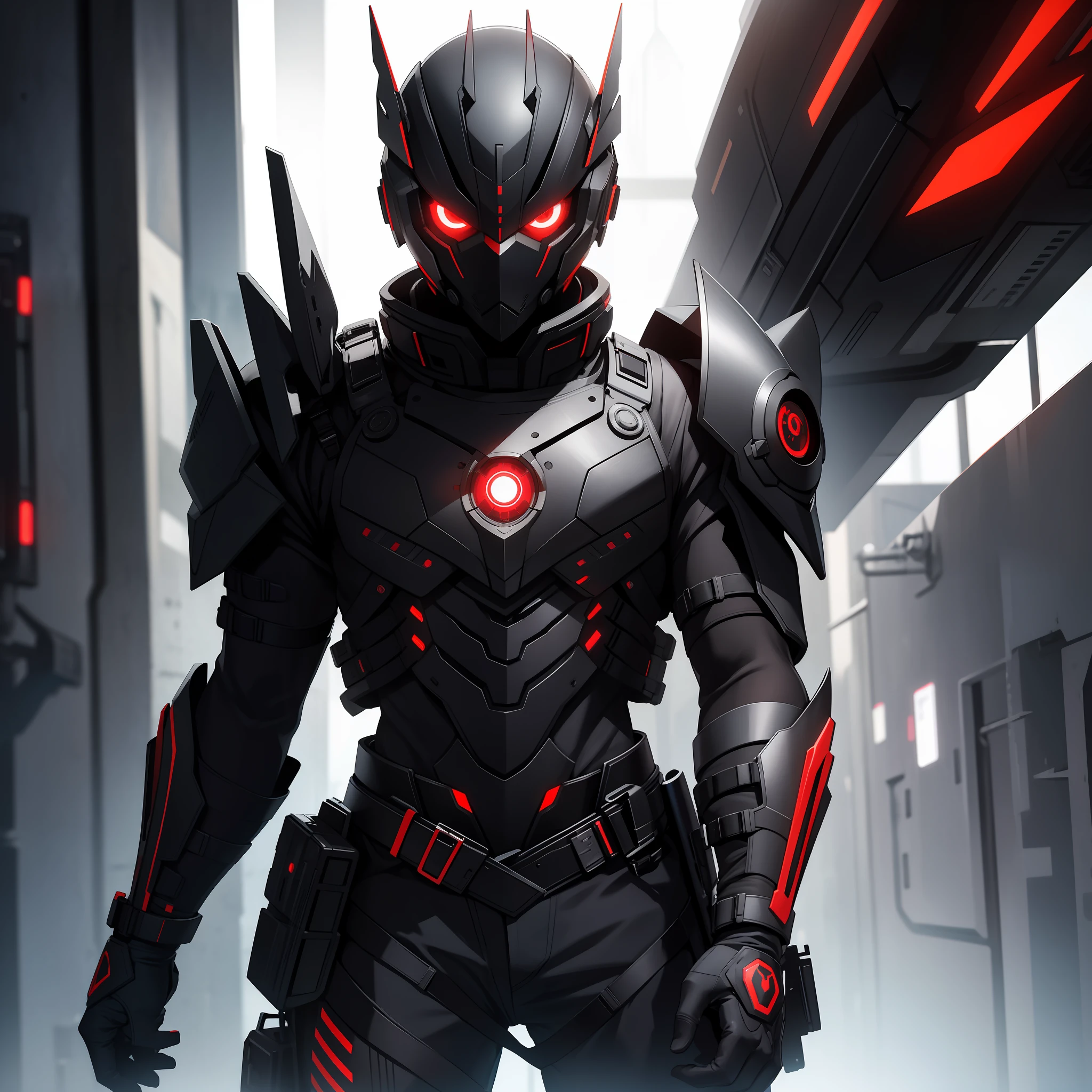 solo male, black armor, science fiction, black hair, red eyes, mask, full body view