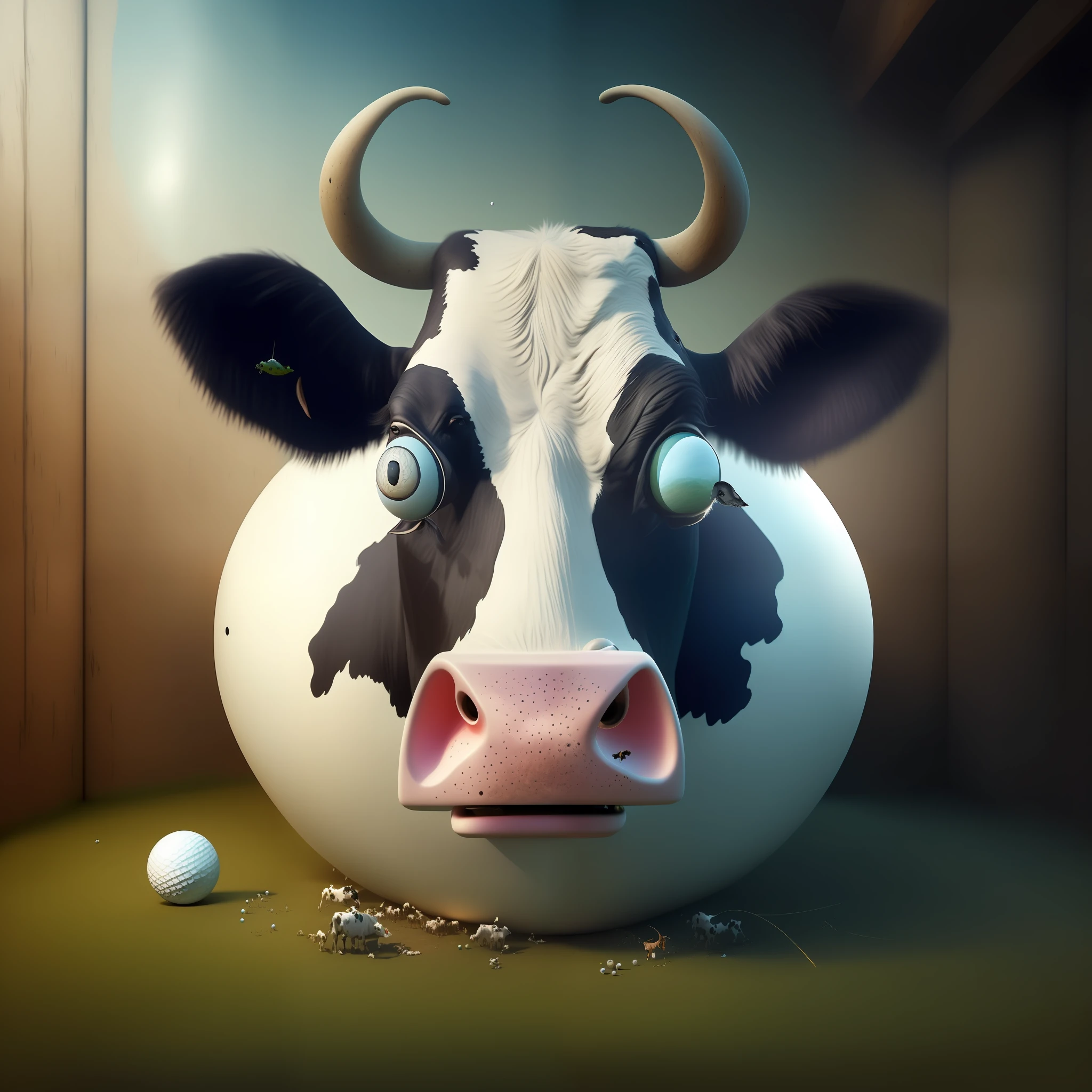 there is a cow that is sitting in a ball with a golf ball, cow, surrealistic digital artwork, 3 d epic illustrations, fantastic , mikecow, creative photo manipulation, photo manipulation, by Artur Tarnowski, amazing digital art, surreal hybrid animals, by Pedro Pedraja, by Darek Zabrocki, by andrey ryabovichev