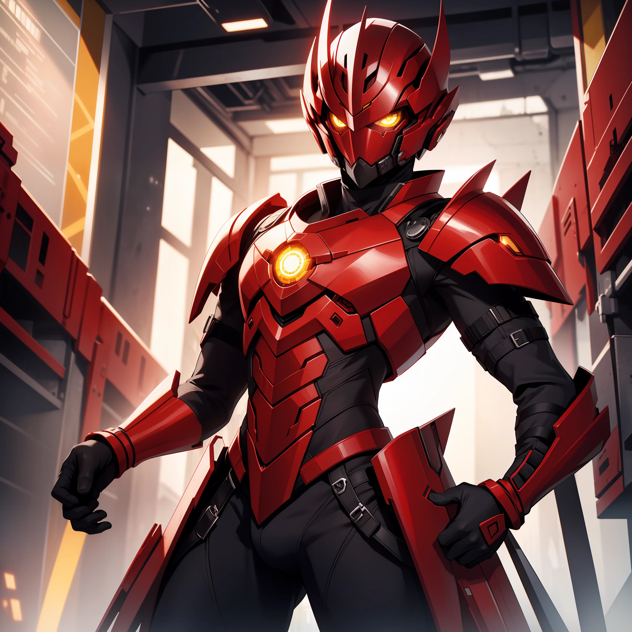 solo male, red armor, science fiction, helemt, covered face, yellow eyes, full body view