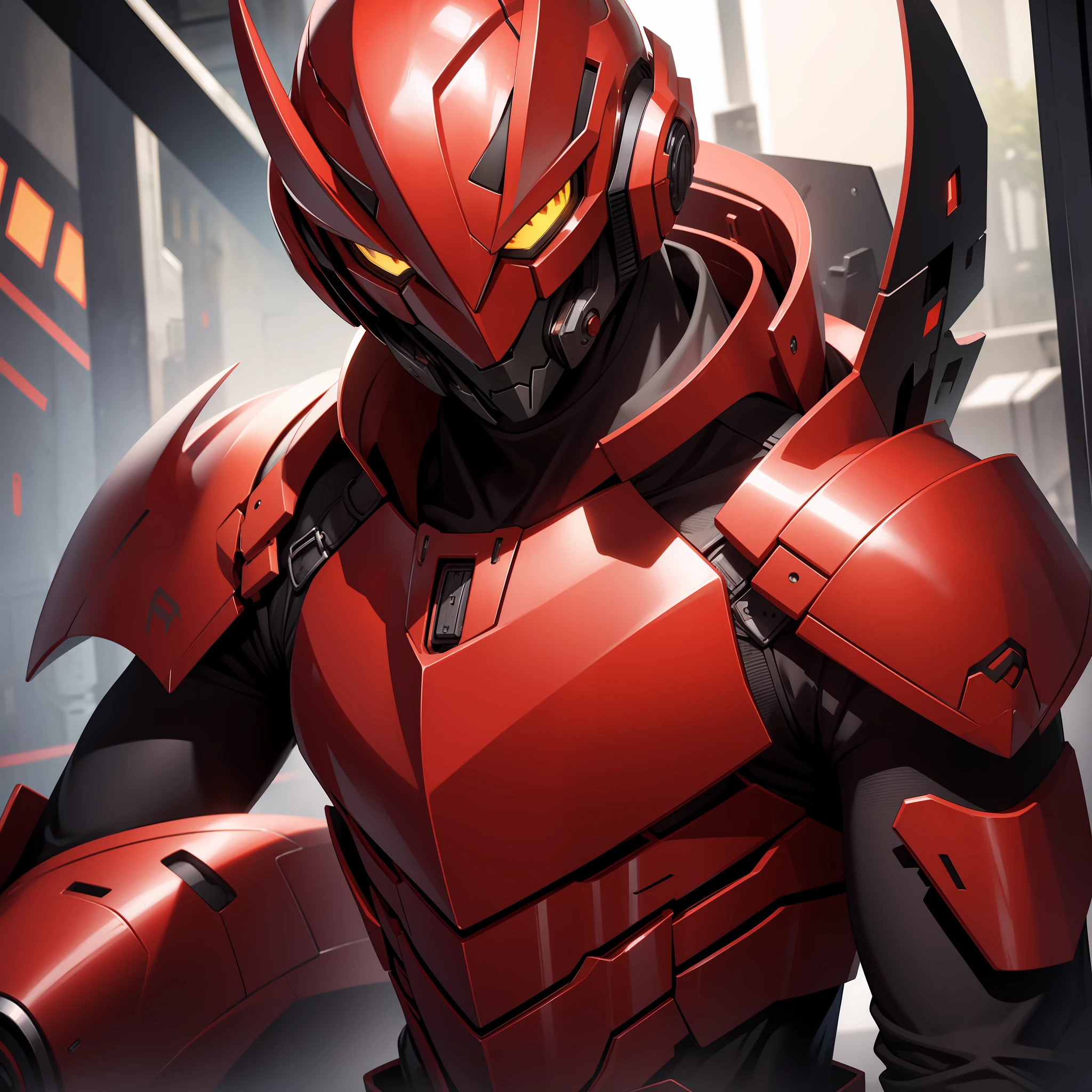 solo male, red armor, science fiction, helemt, covered face, yellow eyes