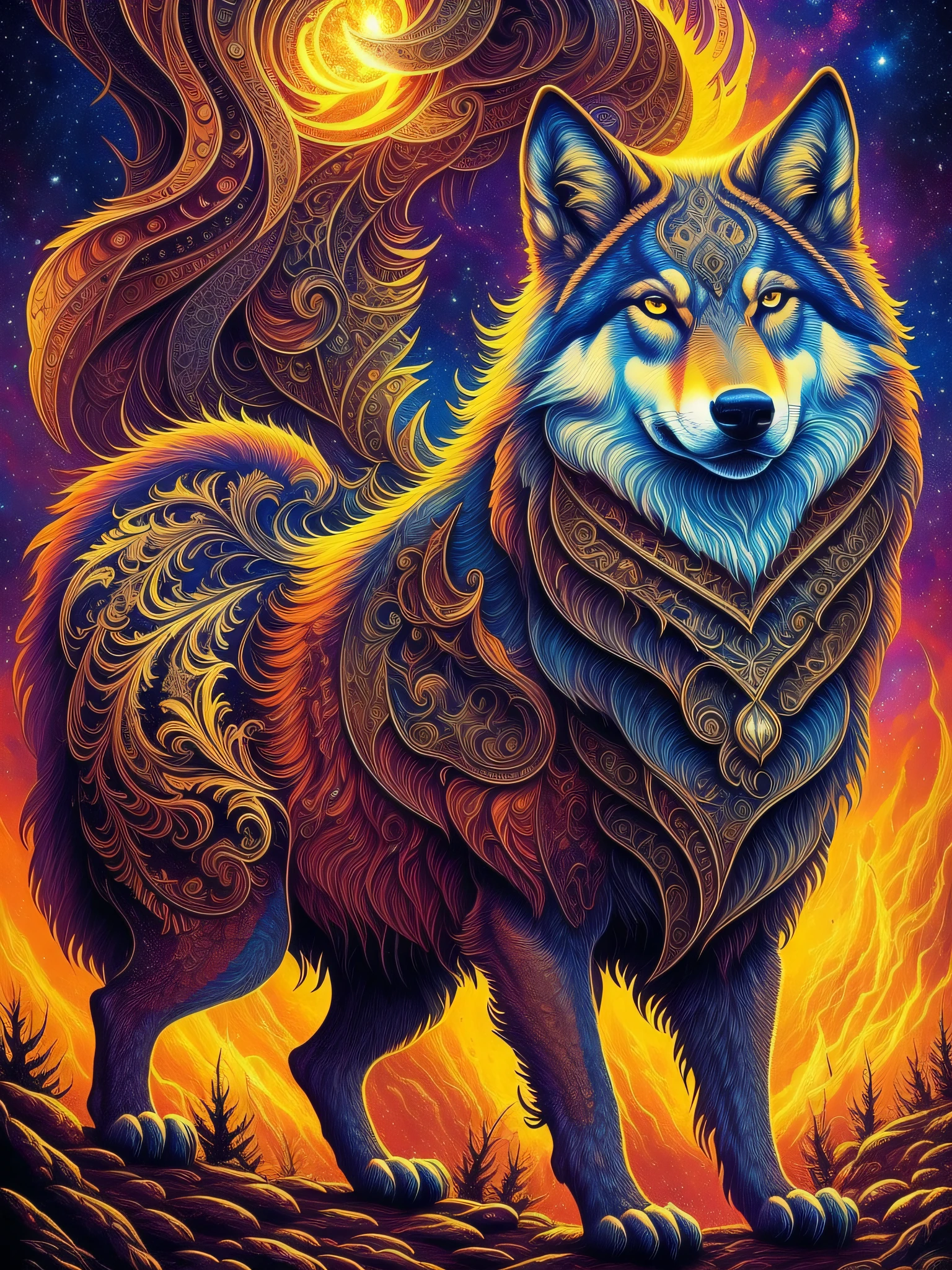 Surreal  wolf ornate psychedelic  fine and intricate details, complex, high definition, centered, symmetry, painted, intricate, volumetric lighting, beautiful, rich deep colors masterpiece, sharp focus, ultra detailed, in the style of dan mumford and marc simonetti, astrophotography