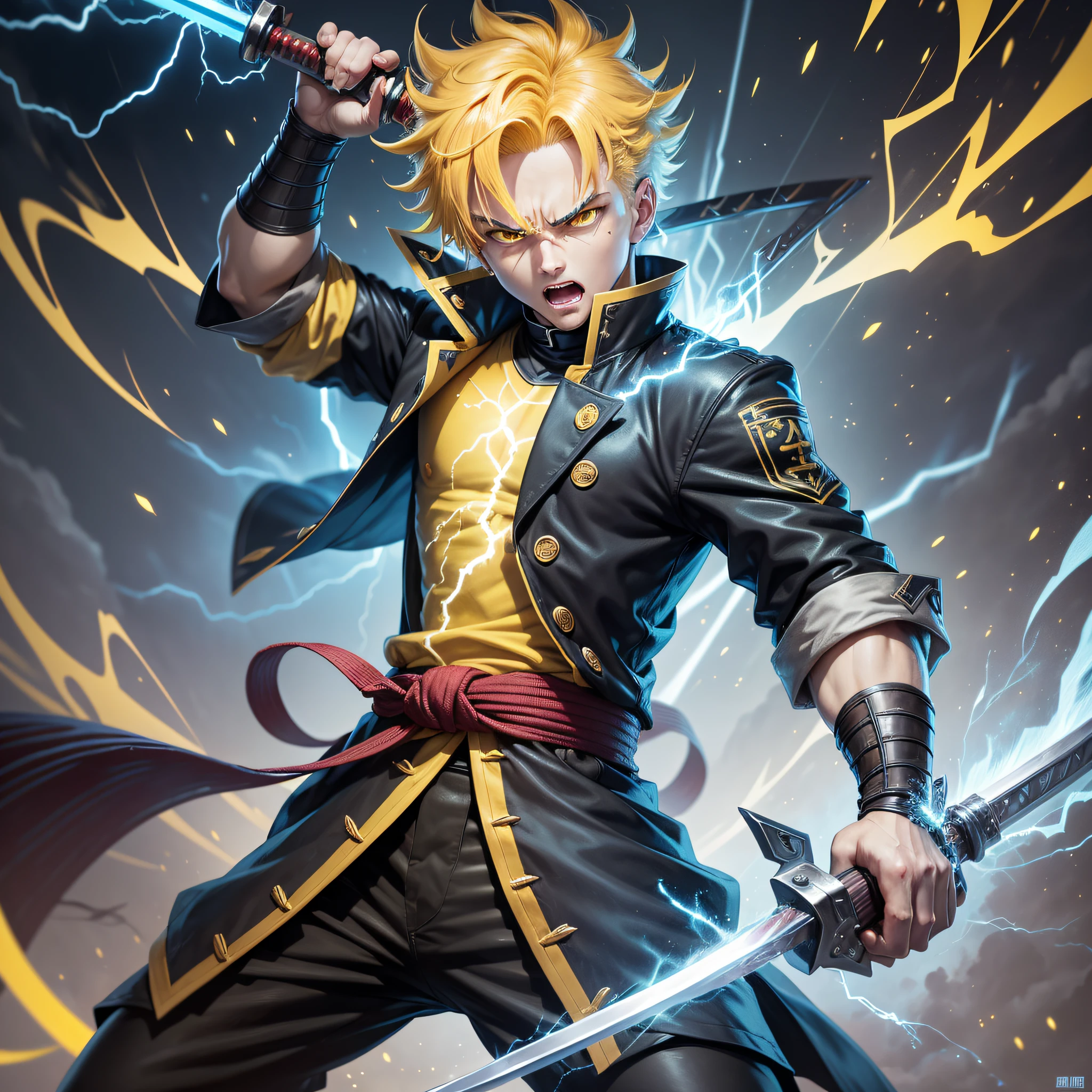 Zenitsu, the electrifying character from "Kimetsu no Yaiba," stands out in a jaw-dropping scene, wielding his electrified sword. The atmosphere crackles with lightning and ultra-realistic thunder, creating an electrifying backdrop. With remarkable subtlety, Zenitsu holds his sword with one hand, showing his strength and determination. His face shows a serious expression of anger, his eyes sparkle with intensity as he strikes a pose. Ready to go into battle, his lightning powers emerge with an indomitable energy, hinting at the unstoppable force about to be unleashed, yellow hair, yellow clothes, yellow lightning, yellow sword --auto --s2