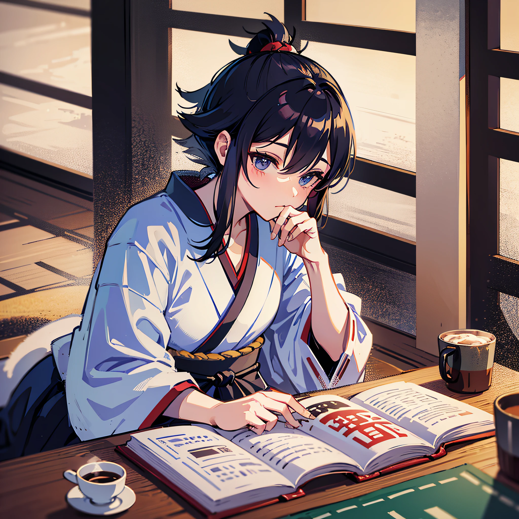 Samurai sipping coffee, sitting in a dojo, wearing a white kimono, local with lots of books. --auto --s2
