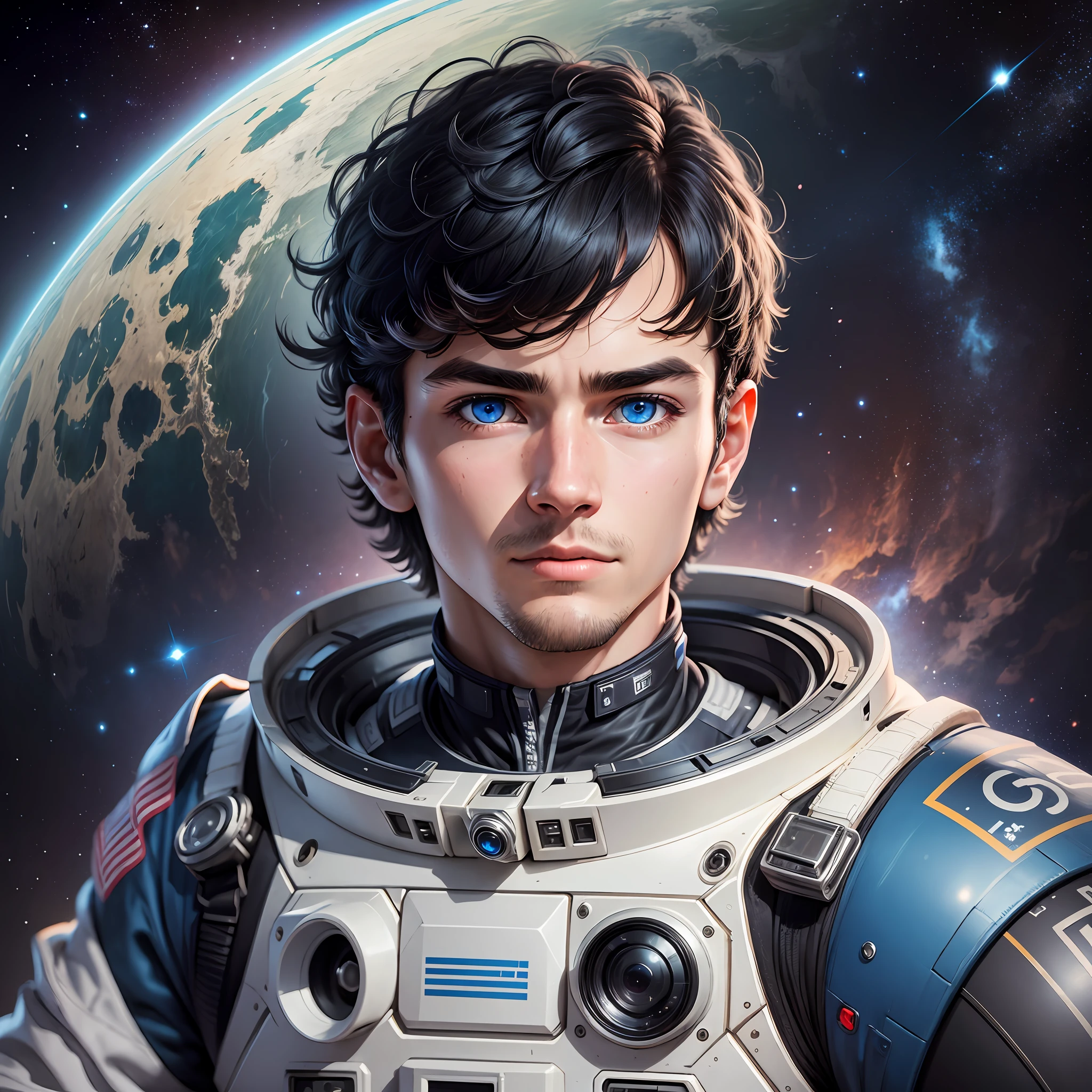 ultra detailed, ultrarealistic, front face portrait, young man, astronaut suit with no helmet, looking ahead, blue eyes, black short hair, detailed hair, Canon EOS R100, universe background, black hole behind --auto --s2
