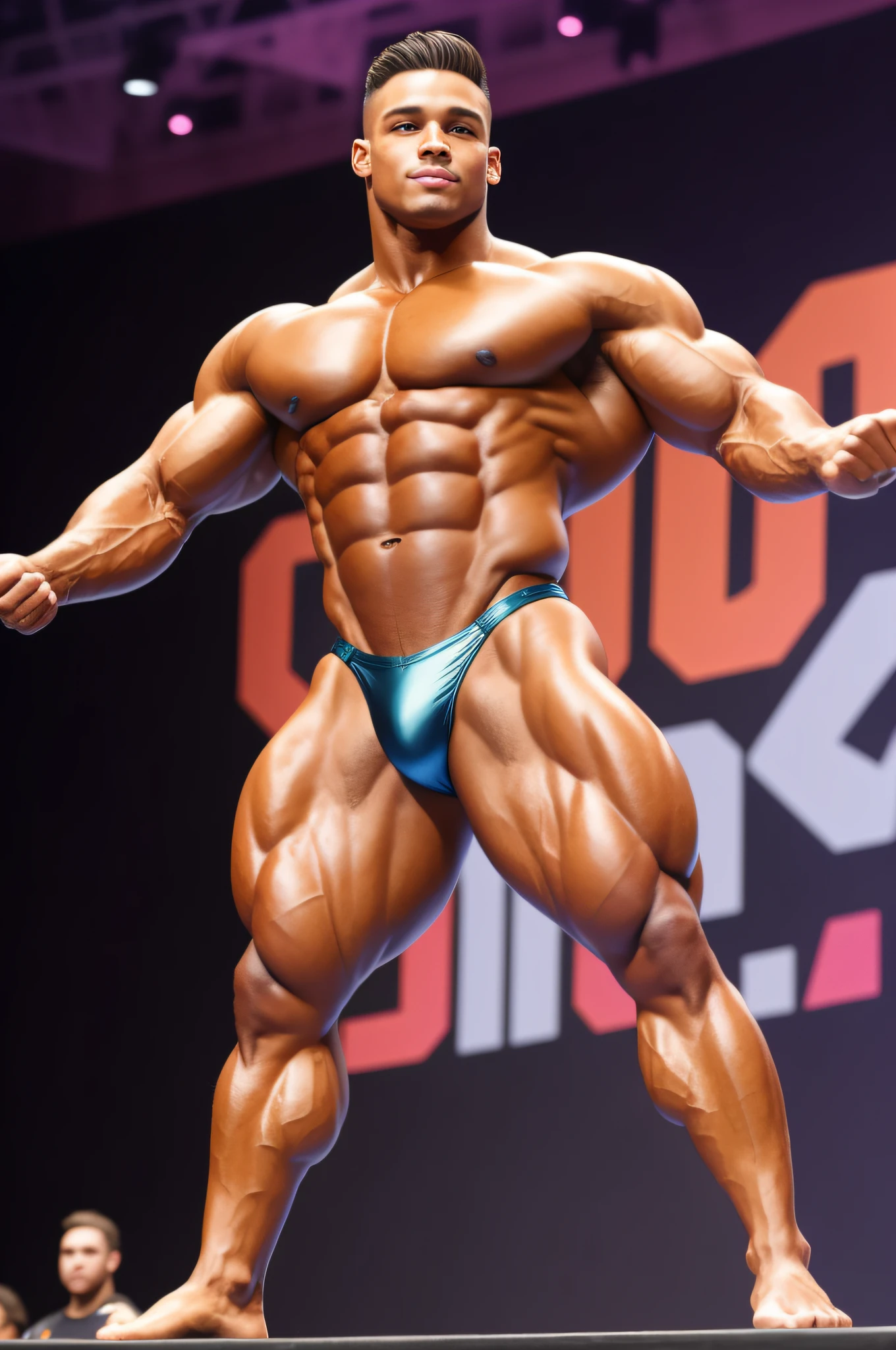 20 year old bodybuilder posing on stage at a competition, bodybuilder physique, super buff and cool, natural physique, hunter labrada, Regan Grimes, dominick niccolai, full body greg rutkowski, ifbb fitness body, Devon Currione, fit physique, bodybuilder posing, (body-sculpted by gods:1.3)
, (very tan:0.8+bronzed skin)
, digital art inspired by Randy Vargas, zbrush central contest winner, flawless anatomy