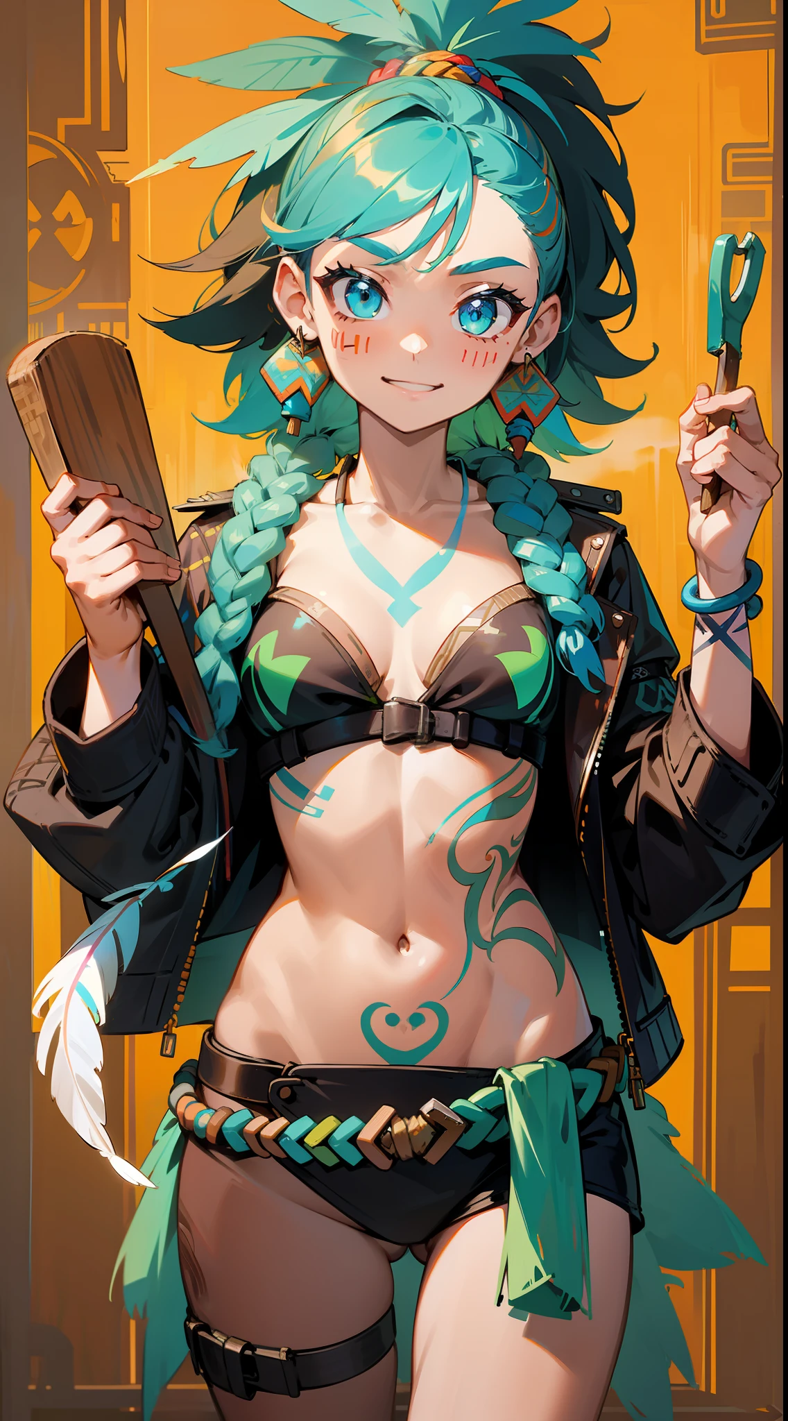 Girl, sexy, neon green, turquoise, tribal tattoos, tribal, nature, leather jacket, feathers, wooden accessories, bold look, playful smile, messy hair, tribal braids, wooden bracelets, feather earrings, tool belt, bravery, adventurous spirit, energy, nature, mischief, wild, free, spiritual connection, concentrated, exploration, free spirit, bravery, outgoing, fun, utensils, determination, vibrant colors, culture tribal, sturdy sandals, toast, blue highlights, rowdy, colorful feathers, compasses, ropes.