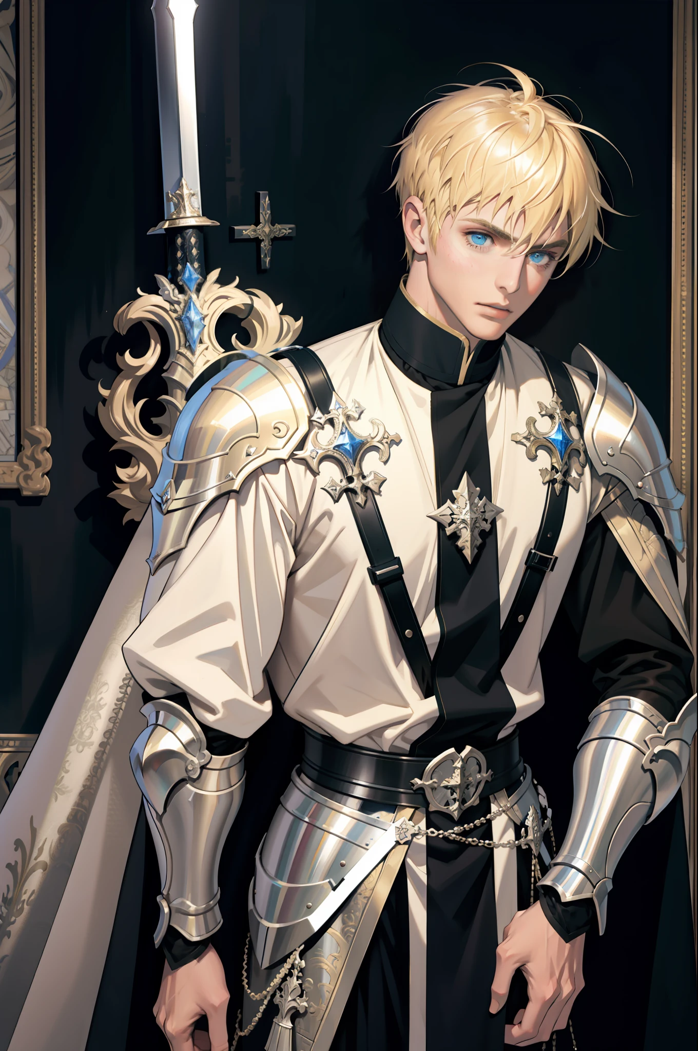 masterpiece, best quality, 1 man, adult, handsome, high muscular face, broad shoulders, finely detailed eyes and detailed face, extremely detailed CG 8k wallpaper unit, intricate details, short blonde hair, knight, armor, big sword, saint, interior of a medieval castle, religious, sublime, battlefield, depth of field