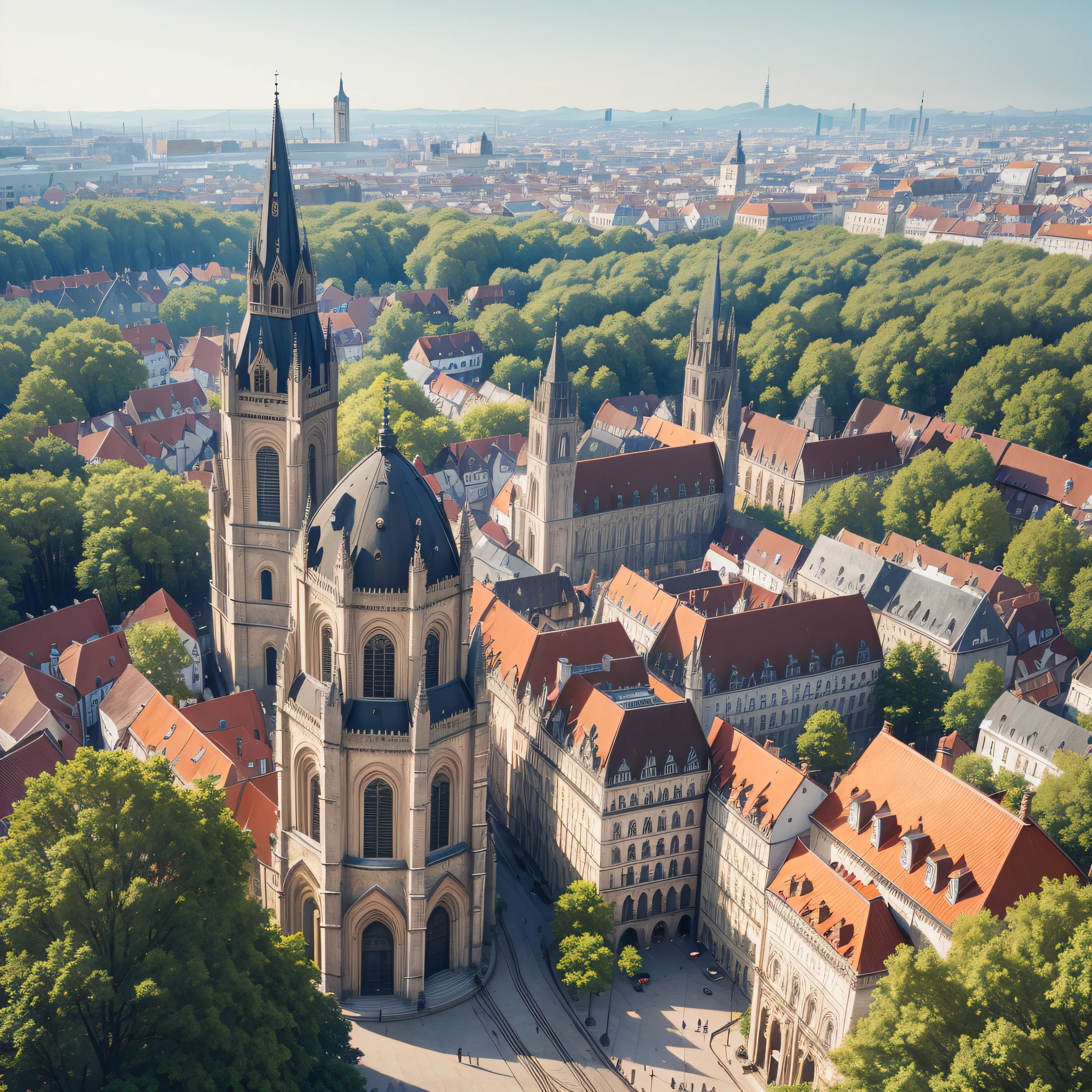 central Gothic brick church, square, Portuguese and Austrian architecture, city, trees, wooded areas, electric tram --auto --s2