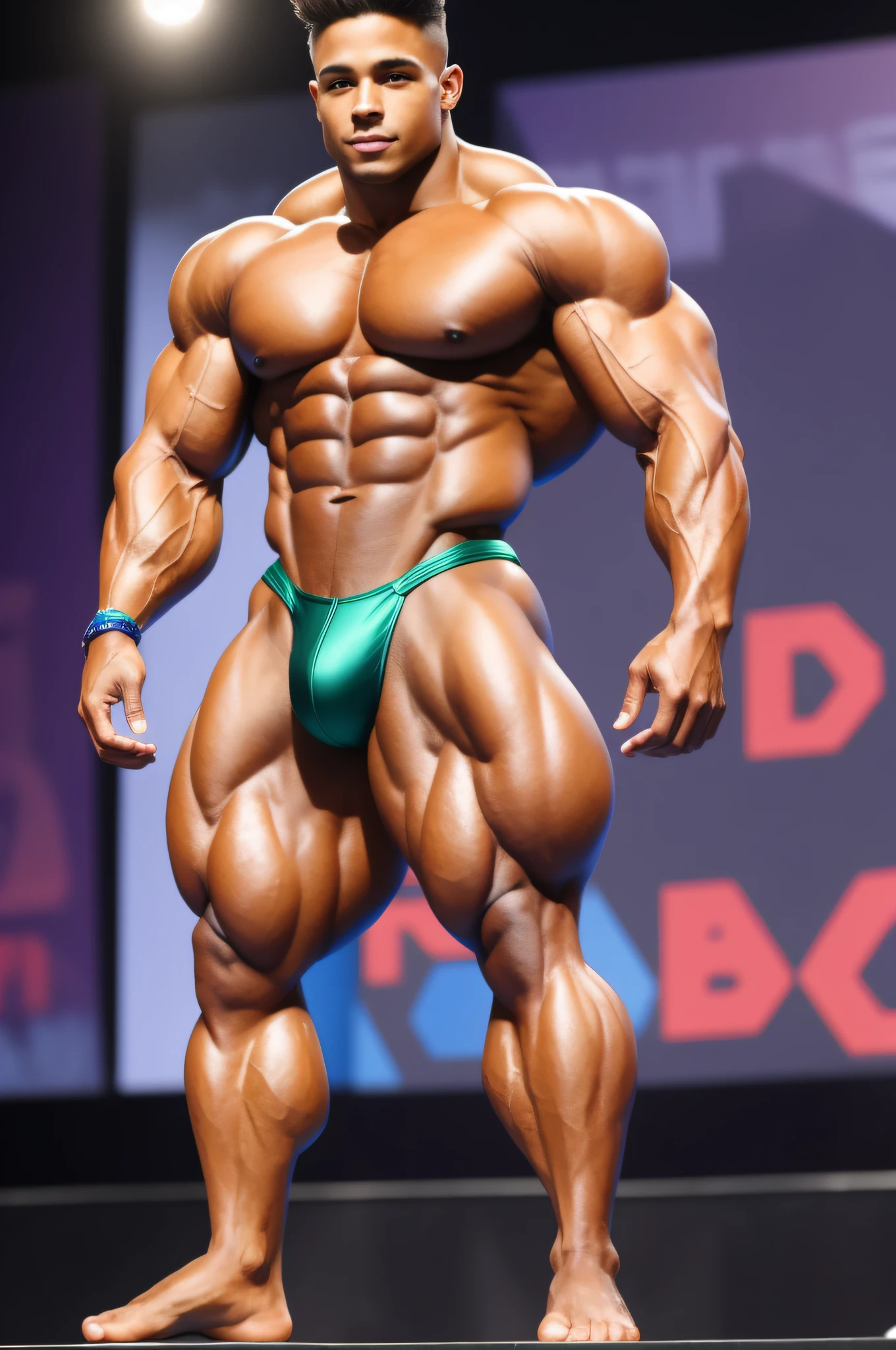 20 year old bodybuilder posing on stage at a competition, bodybuilder physique, super buff and cool, natural physique, hunter labrada, Regan Grimes, dominick niccolai,Devon Currione, full body greg rutkowski, ifbb fitness body,  fit physique, bodybuilder posing, (body-sculpted by gods:1.2)
, (very tan:0.8+bronzed skin)
, digital art inspired by Randy Vargas, zbrush central contest winner, flawless anatomy