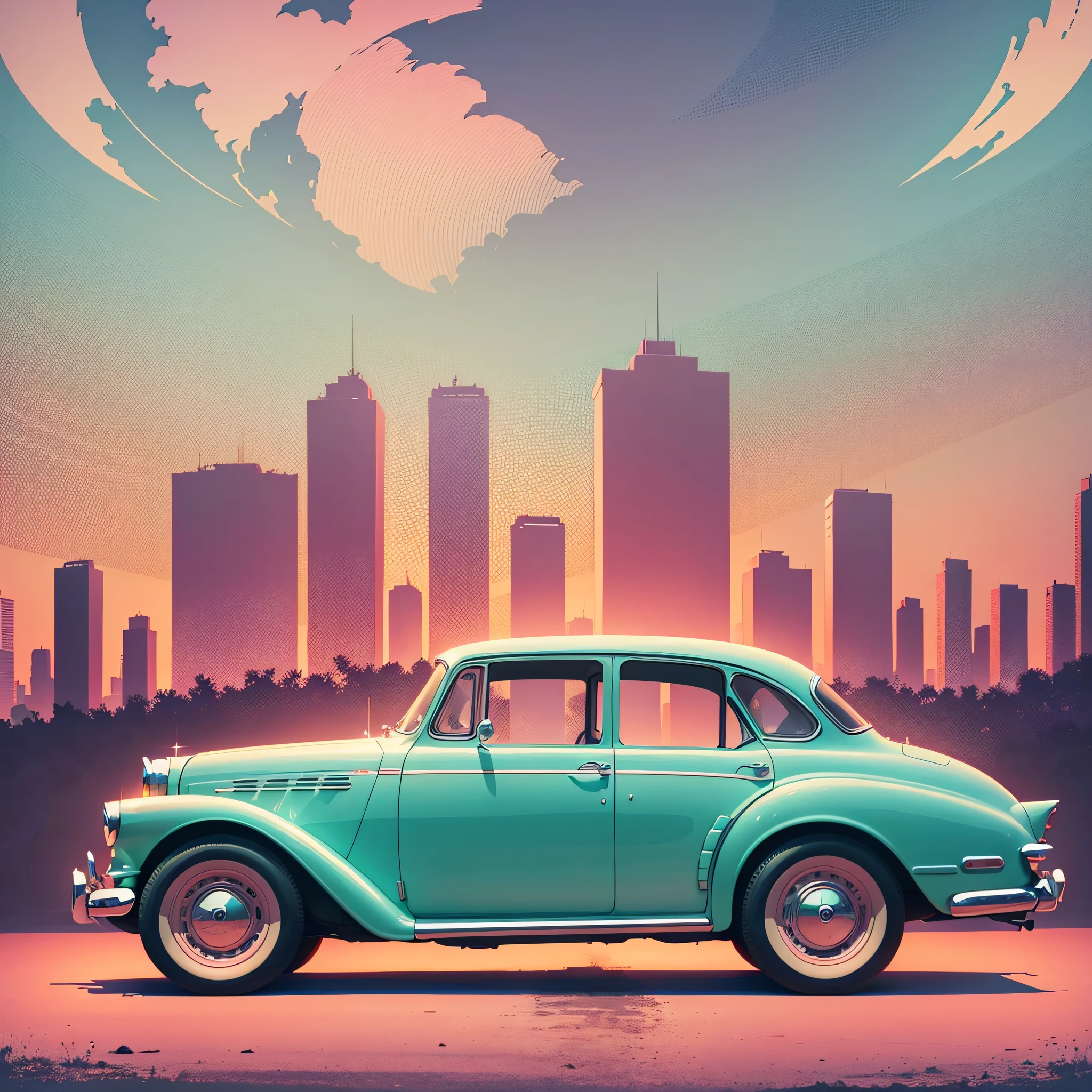 oldtimer car in front of a vintage sunset, vintage tshirt design vector graphics, detail design contour, turqoise, pink, neon colors, white background --auto --s2