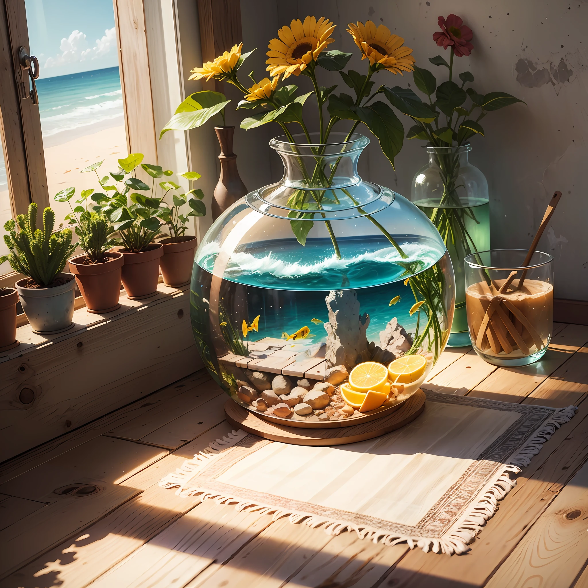 Woman swimming in fishbowl, realistic young gravure idol, wearing sexy bikini, full body shown, looking forward, realistic