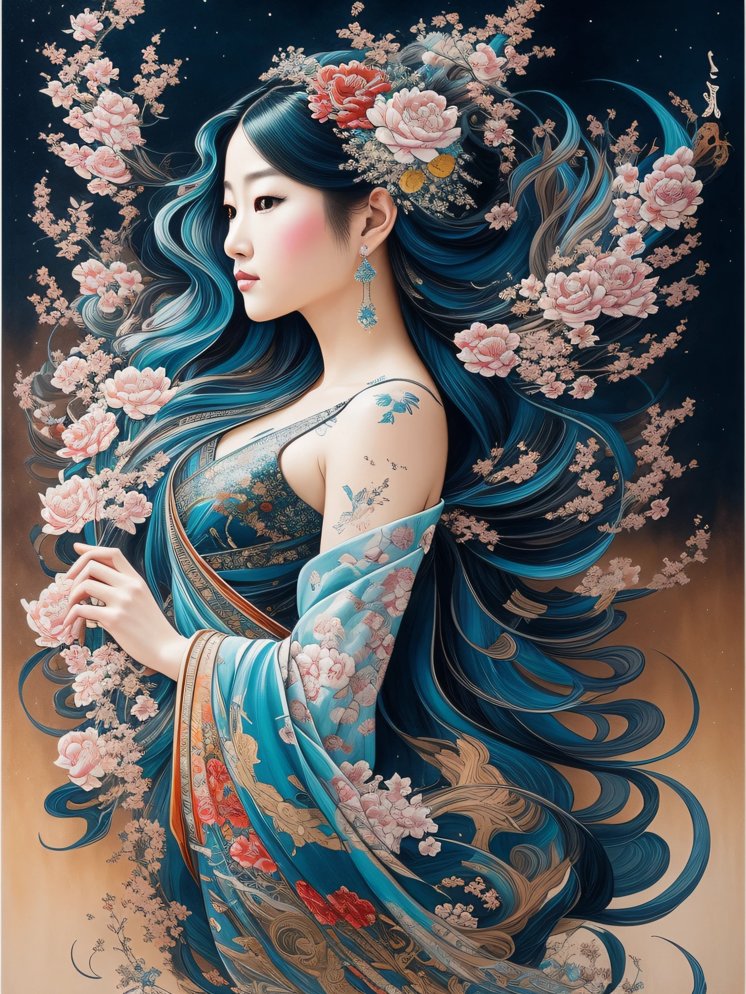 A colorful gorgeous beautiful Princess, black ink flow: 8k resolution photorealistic masterpiece: created by Aaron Horkey and Jeremy Mann: intricately detailed fluid gouache painting: calligraphy by Jean Baptiste Mongue: acrylic: watercolor art, kimono. professional photography, natural lighting, volumetric lighting maximalist photoillustration:  8k resolution concept art intricately detailed, complex, elegant, expansive, fantastical, traditionl japanese painting