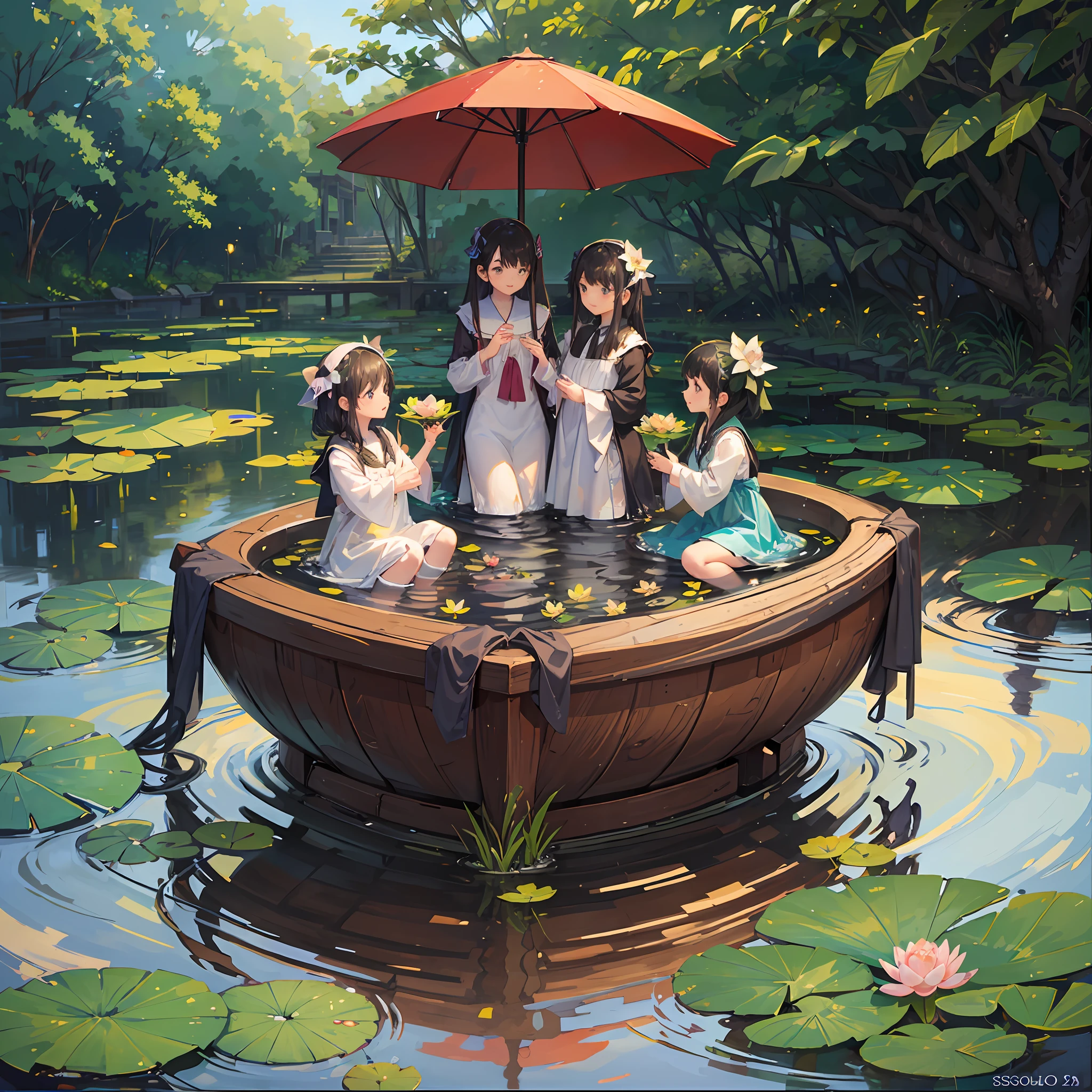 A group of  girls playing in the water in a lotus pond --auto --s2