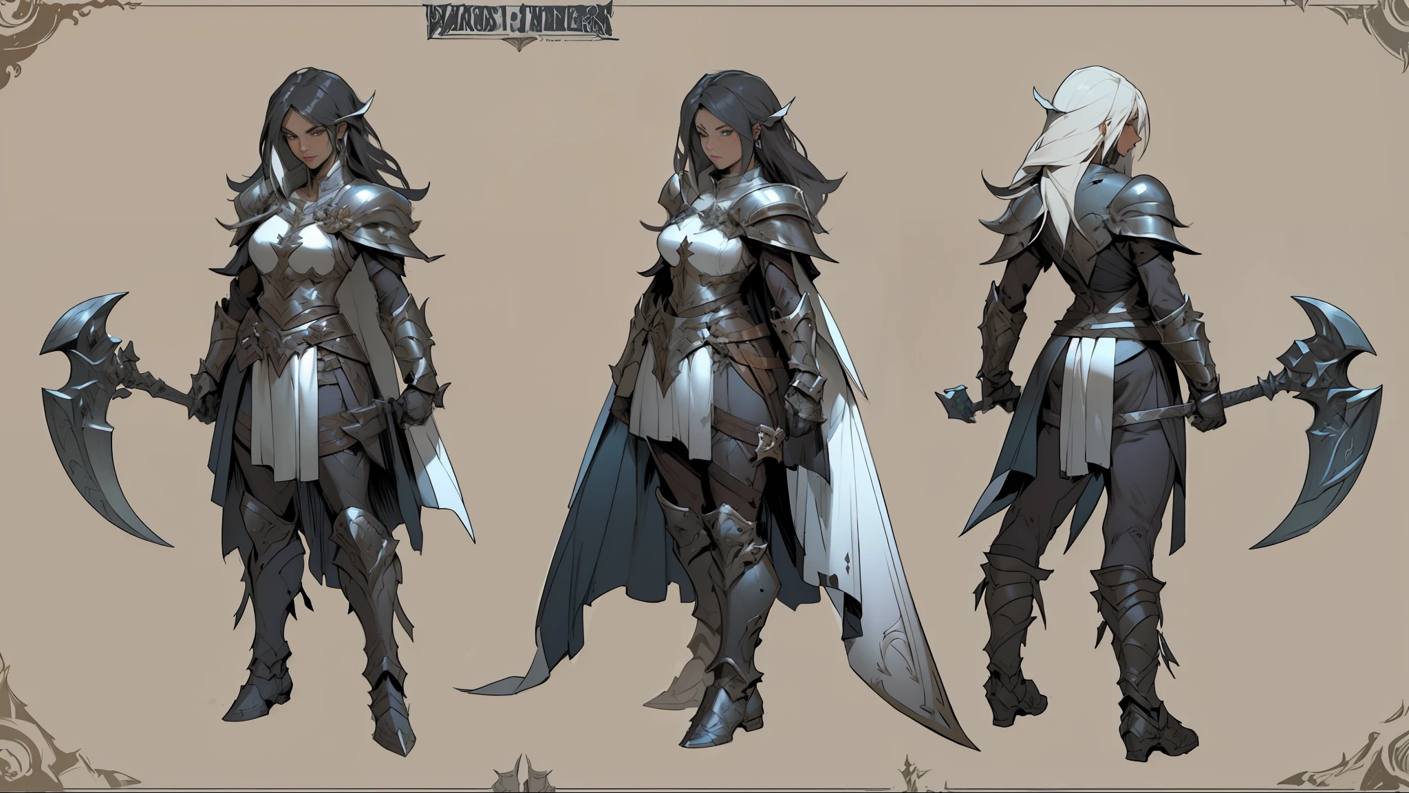 a close up of a person with a sword and armor, pale black armor, heroic fantasy character concept, female paladin, dark fantasy character design, from pathfinder, female armor, fantasy character concept, final fantasy artwork concept, valkyrie style character, rpg concept art character, full body concept, ( ( character concept art ) ), female cleric, fantasy paladin woman