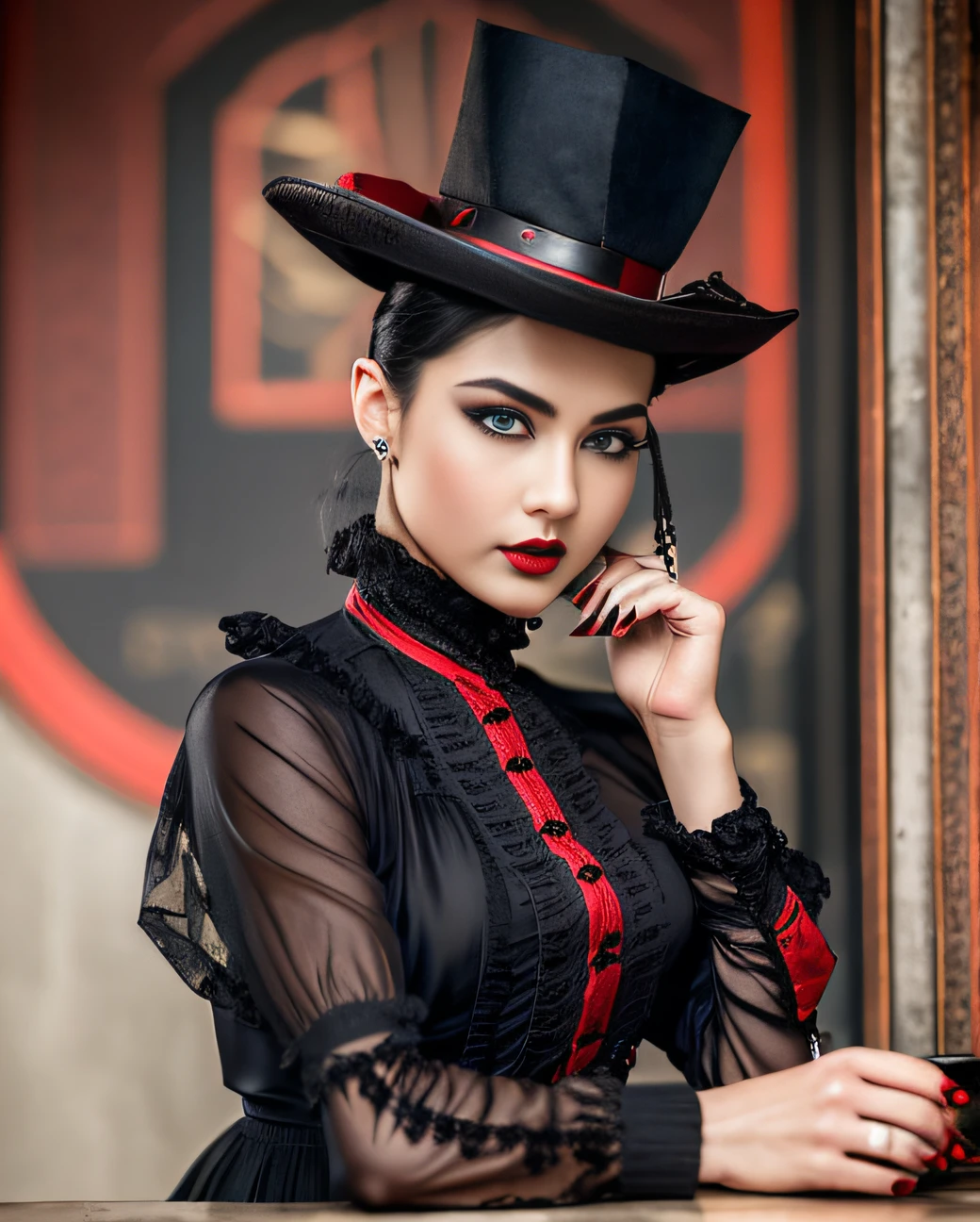 Gang leader, woman, London 1814 year, overcast, sitting at the table in her office, athletic physique, neckline, tattoos on torso, ((black-red vintage clothing:1.5)), matte top hat, black coat, sly look, roughened appearance, cinematic, cannon 6d, octane render, vintage aesthetic, mysterious aura, dark atmosphere, detailed face, mysterious aura, bright skin, short black hair, detailed intense blue eyes, arched eyebrows, dark makeup, full lips, dark red lipstick --auto --s2