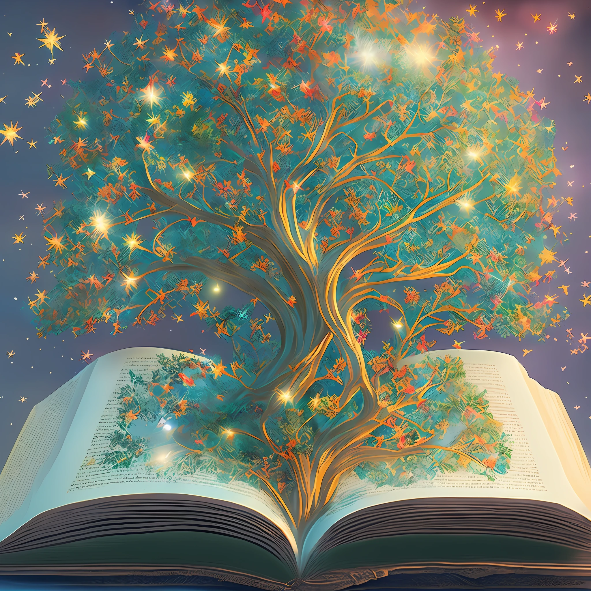 There is a book on the table, (there is a tree in the book:2), magic tree, flash, butterfly, stars, shooting stars, magic book, magic tree, very magical and dreamy, magical and mysterious, fantasy book, fantasy tree, cosmic tree of life, magical ingredients, magical background, fascinating magical fantasy forest, wonderful and detailed, tree of life, magic notes, great magic tree